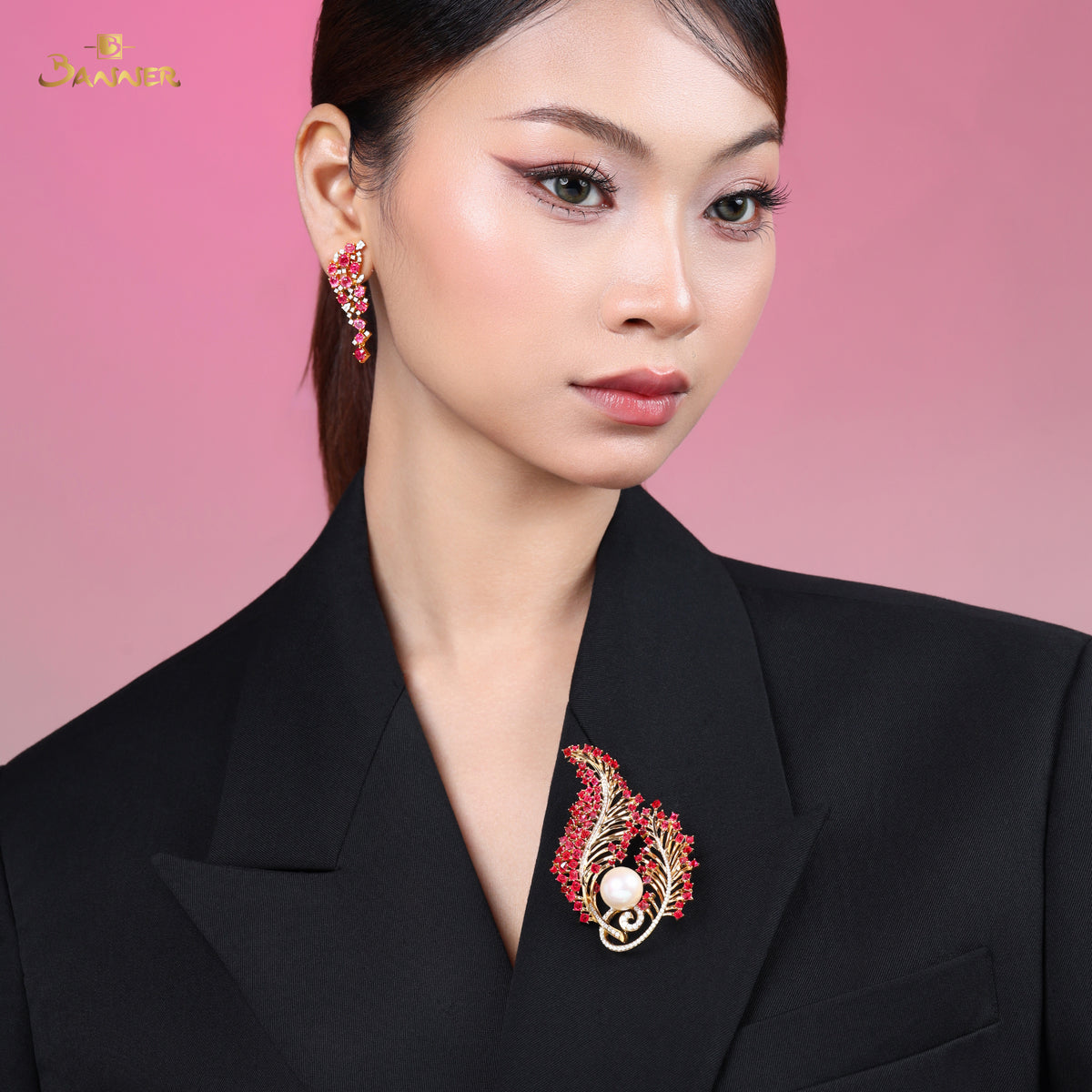 Spinel , Pearl and Diamond Brooch