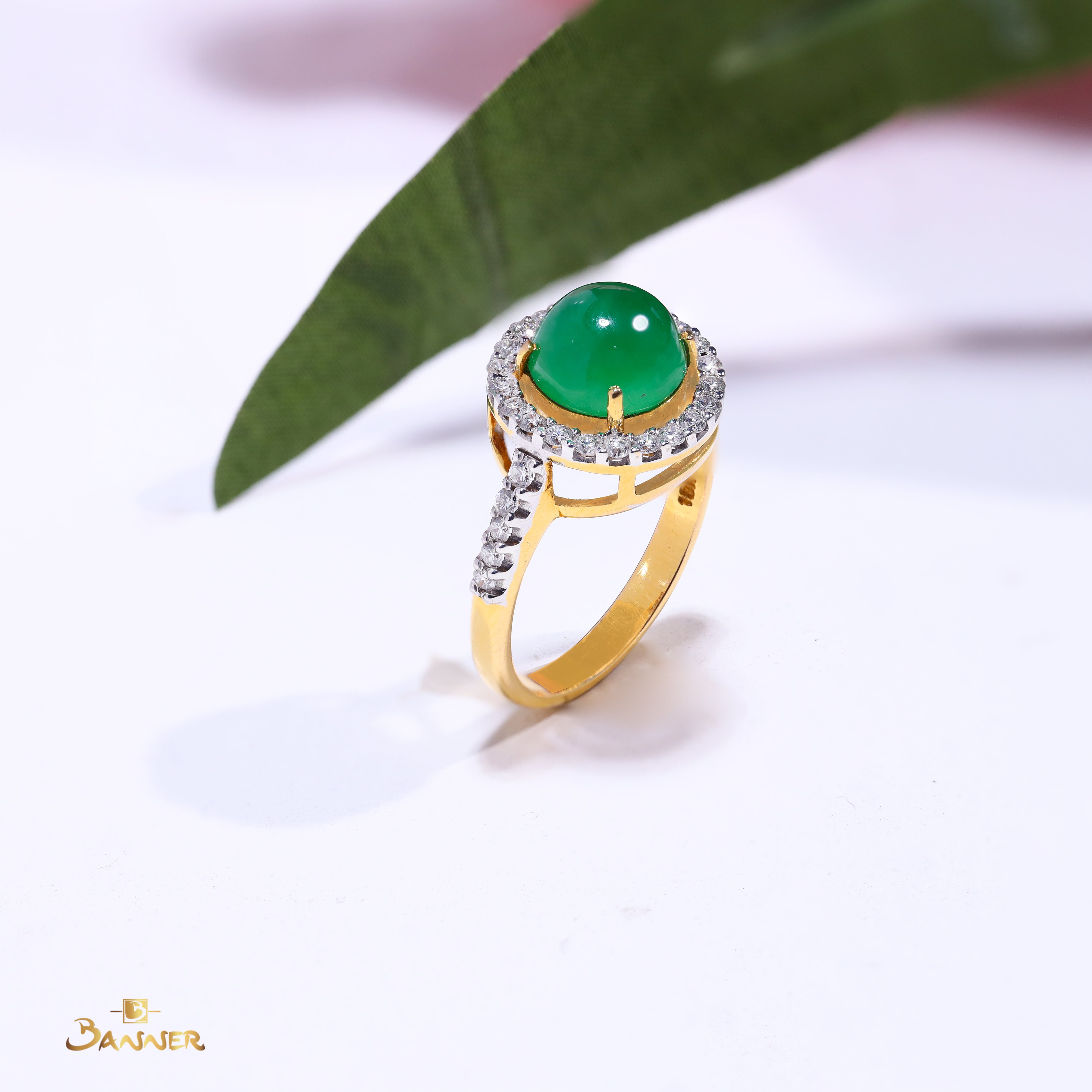 Apple Green Jade and Diamond Halo Ring