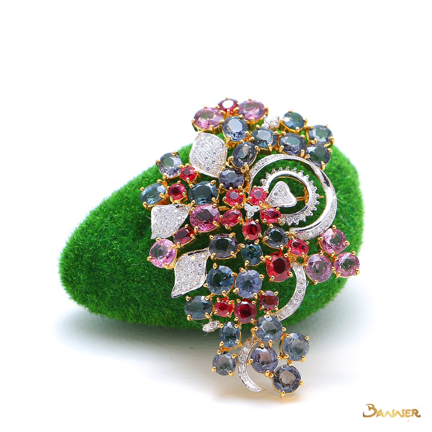 Multi-Colored Spinel and Diamond Flower Brooch