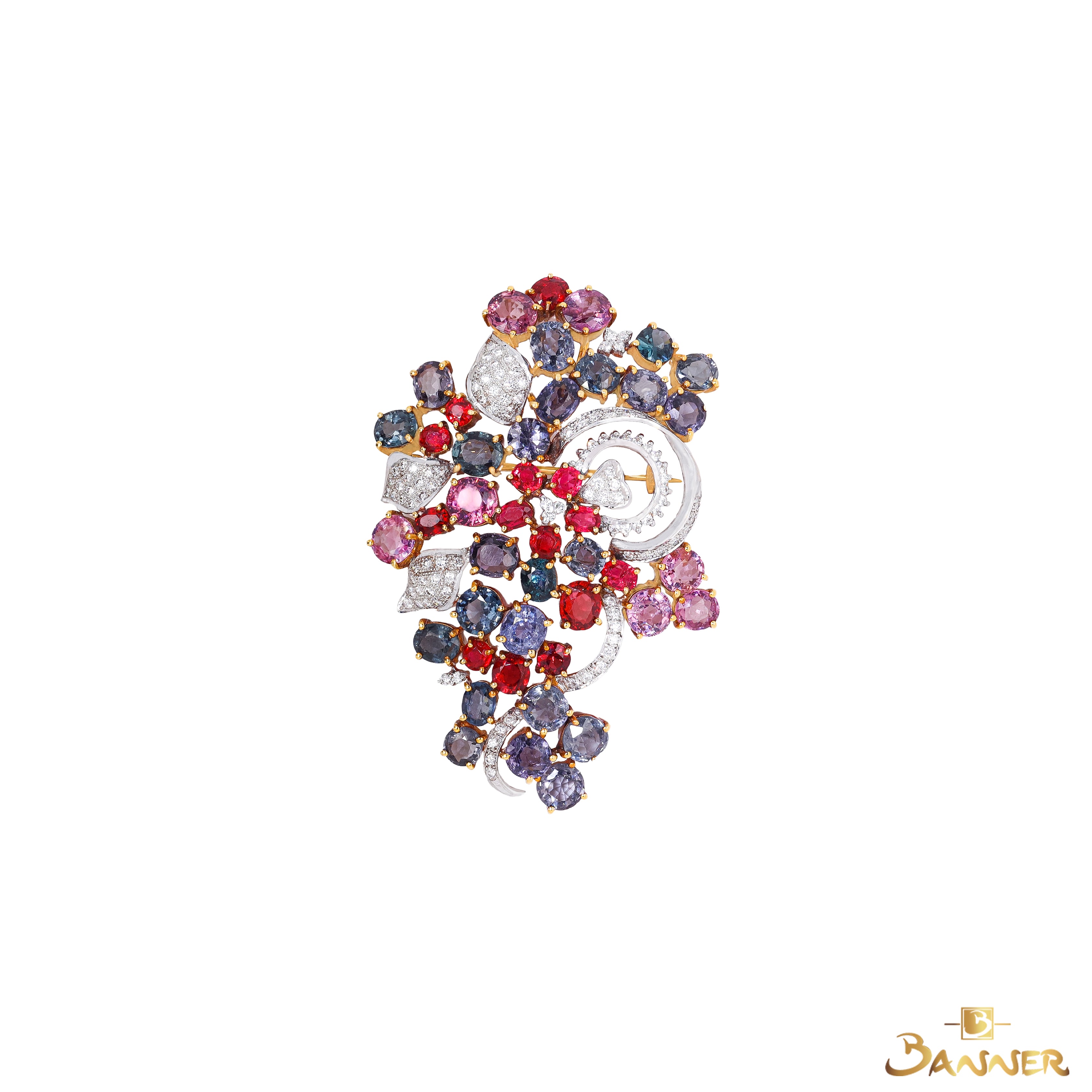 Multi-Colored Spinel and Diamond Flower Brooch
