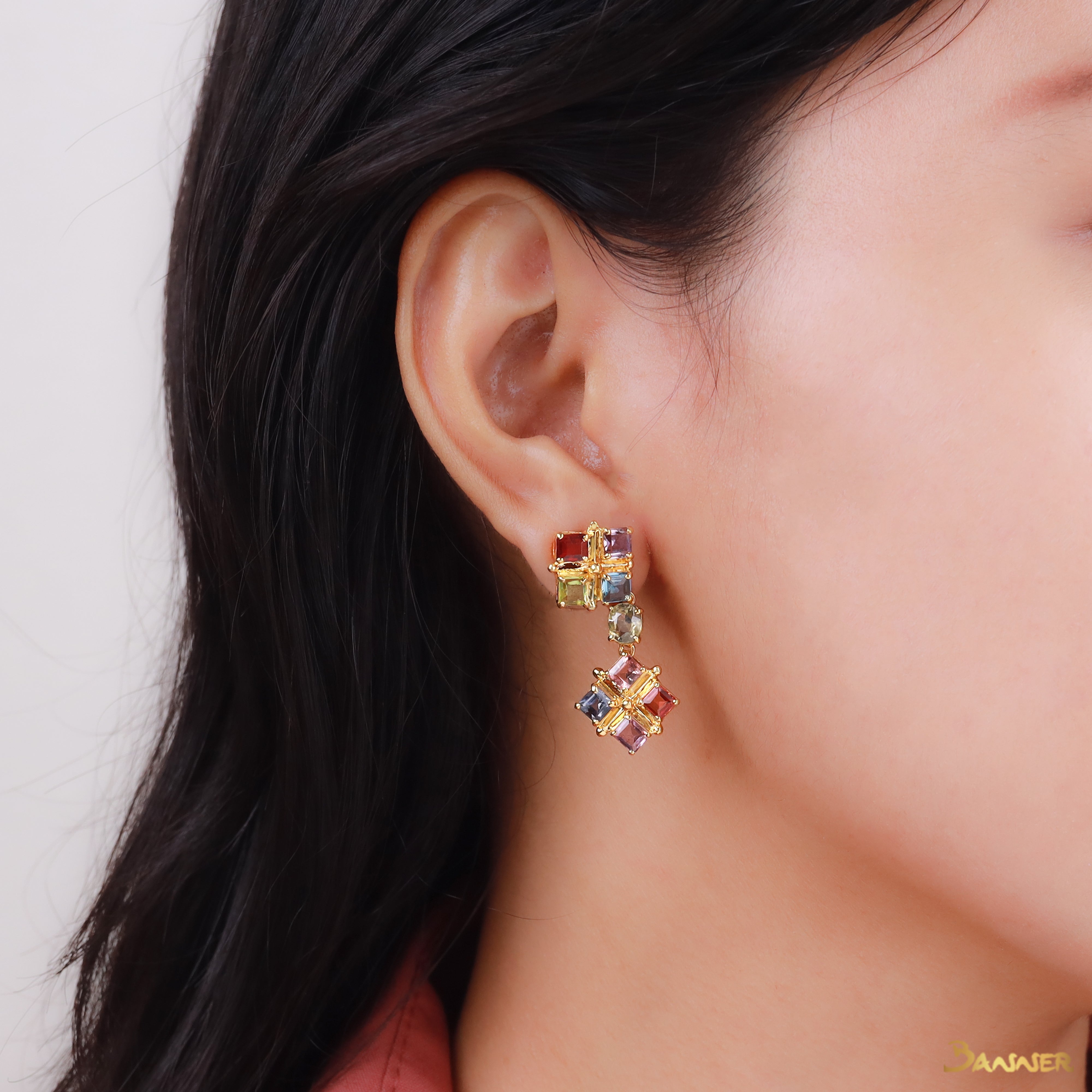 Multi-Colored Spinel Emerald Cut 2 steps Earrings