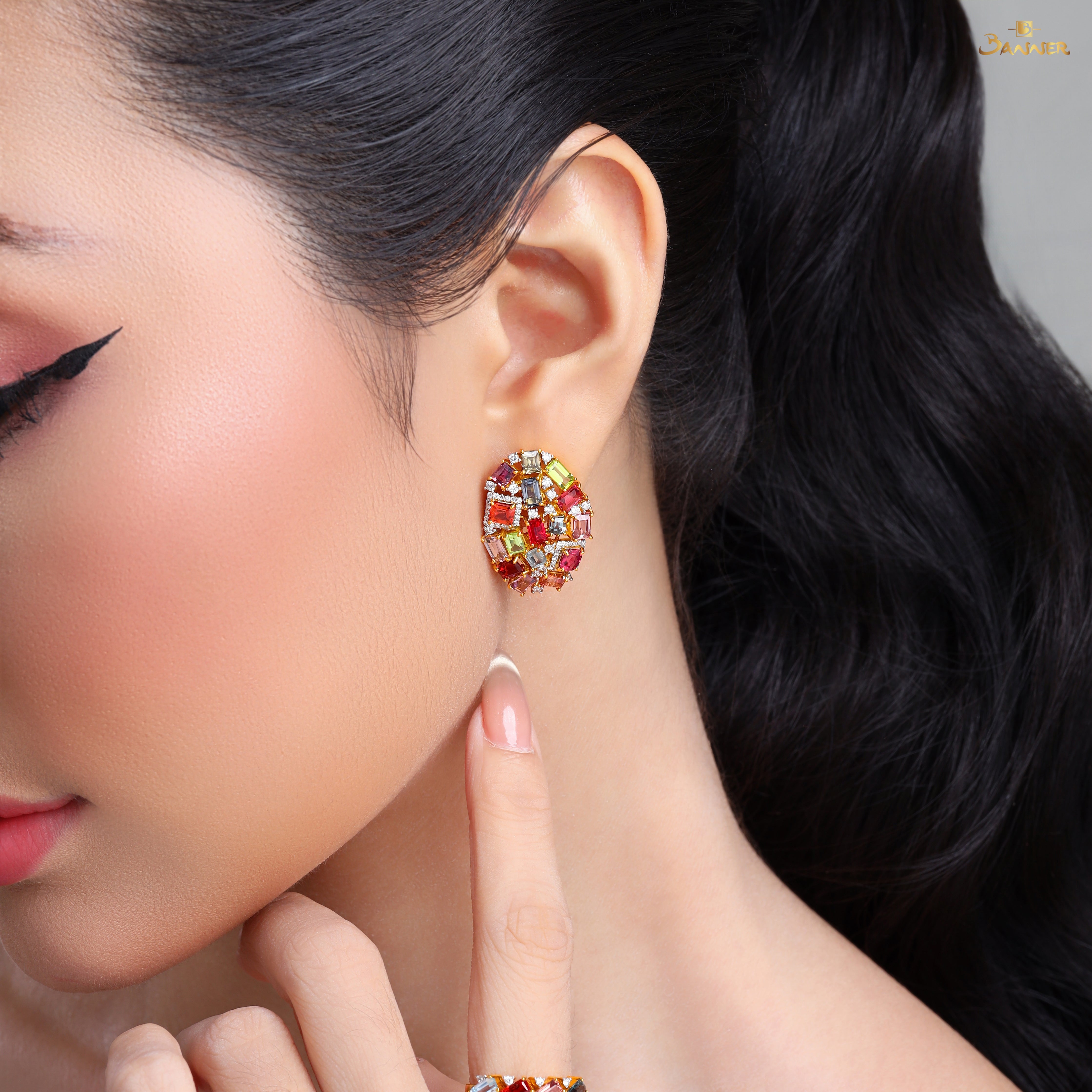 Multi-colored Spinel , Peridot and Diamond Radiant Earrings