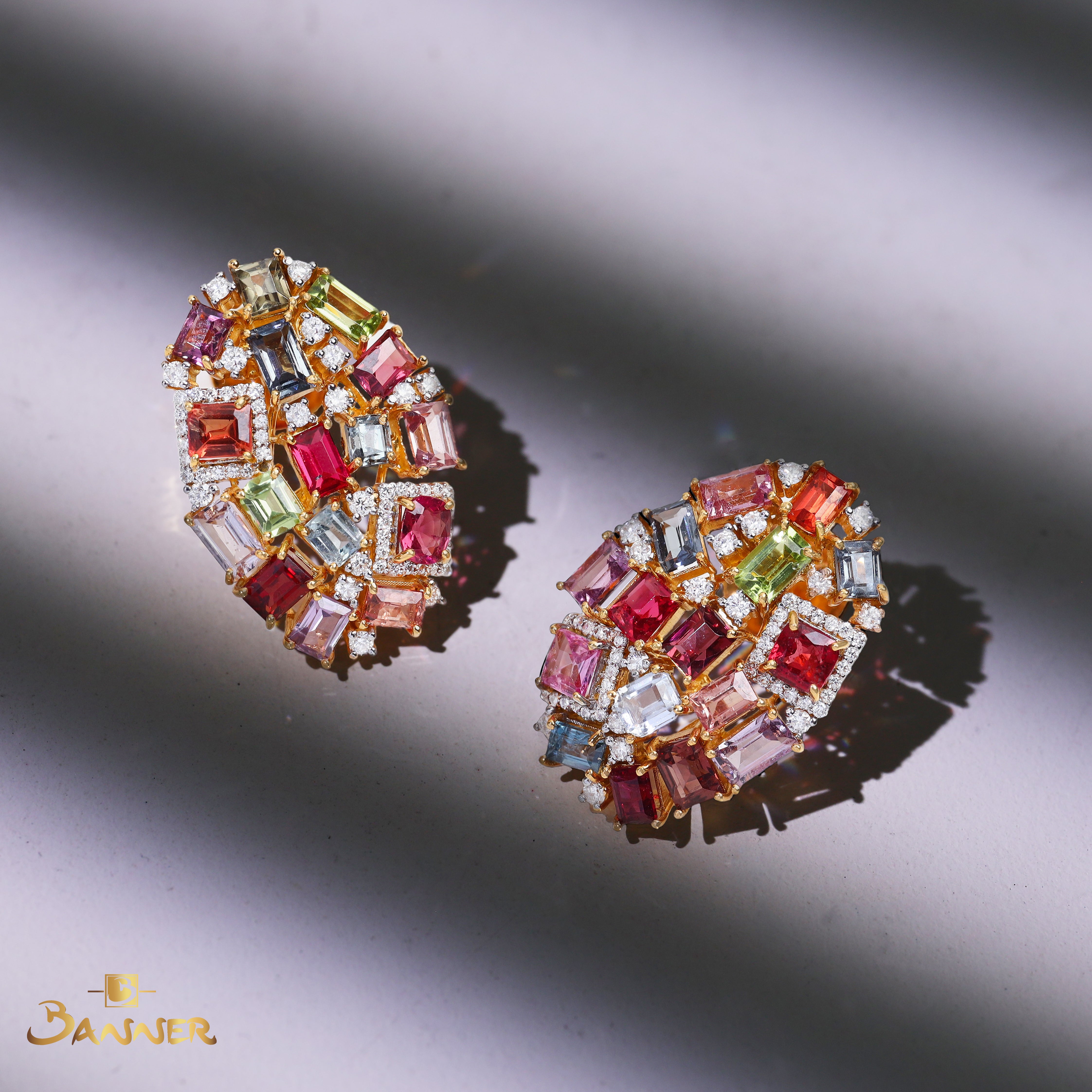 Multi-colored Spinel , Peridot and Diamond Radiant Earrings