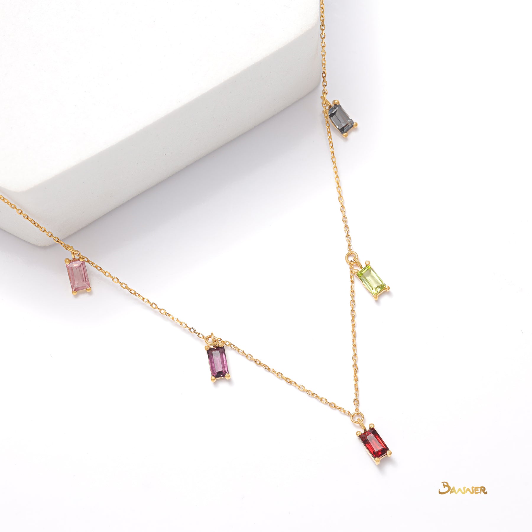 Multi-colored Spinel Baguette Dangle Necklace