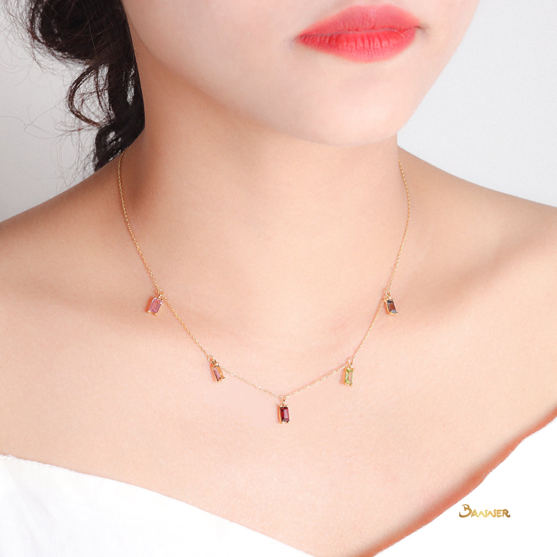 Multi-colored Spinel Baguette Dangle Necklace
