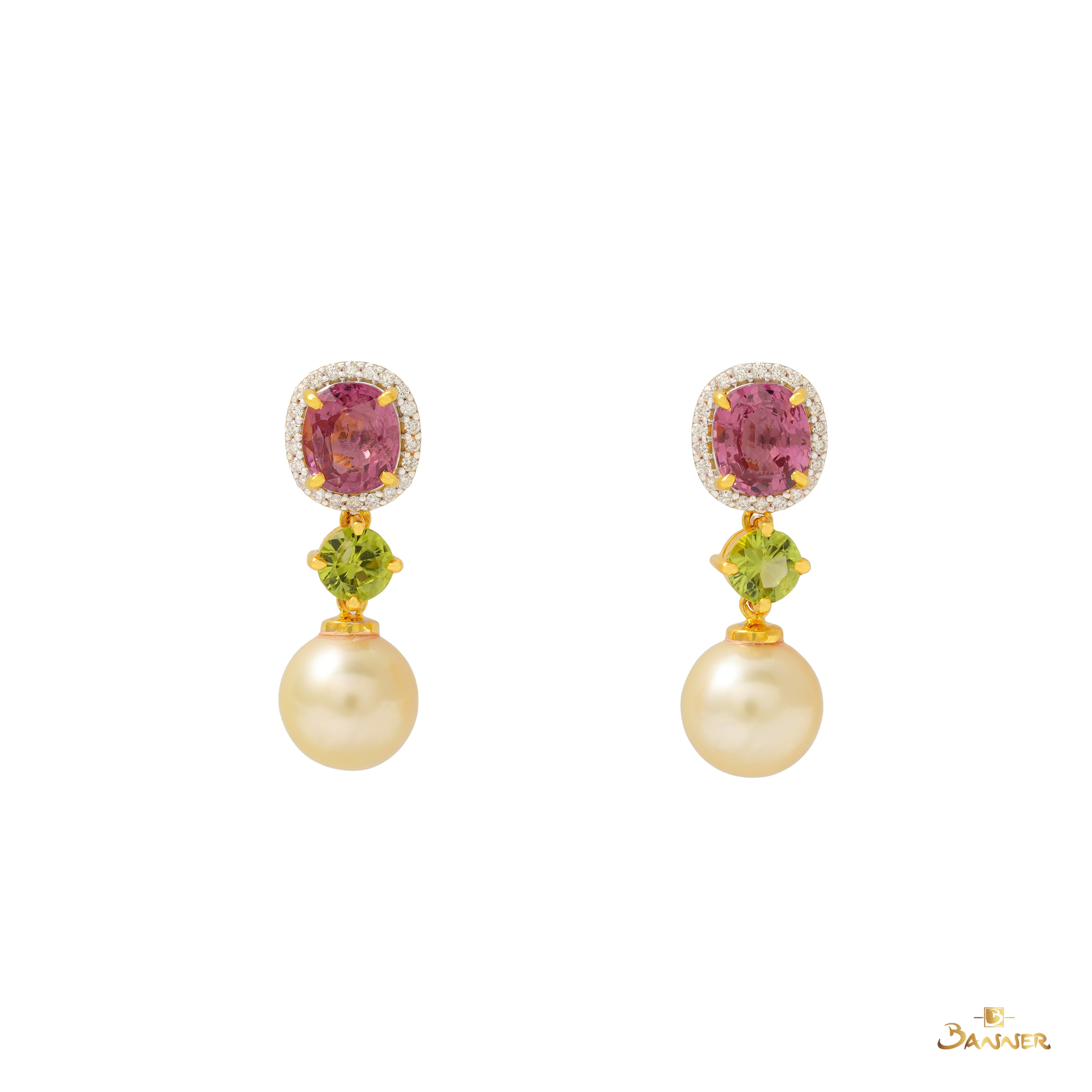 Pink Spinel, Peridot, Pearl and Diamond Earrings