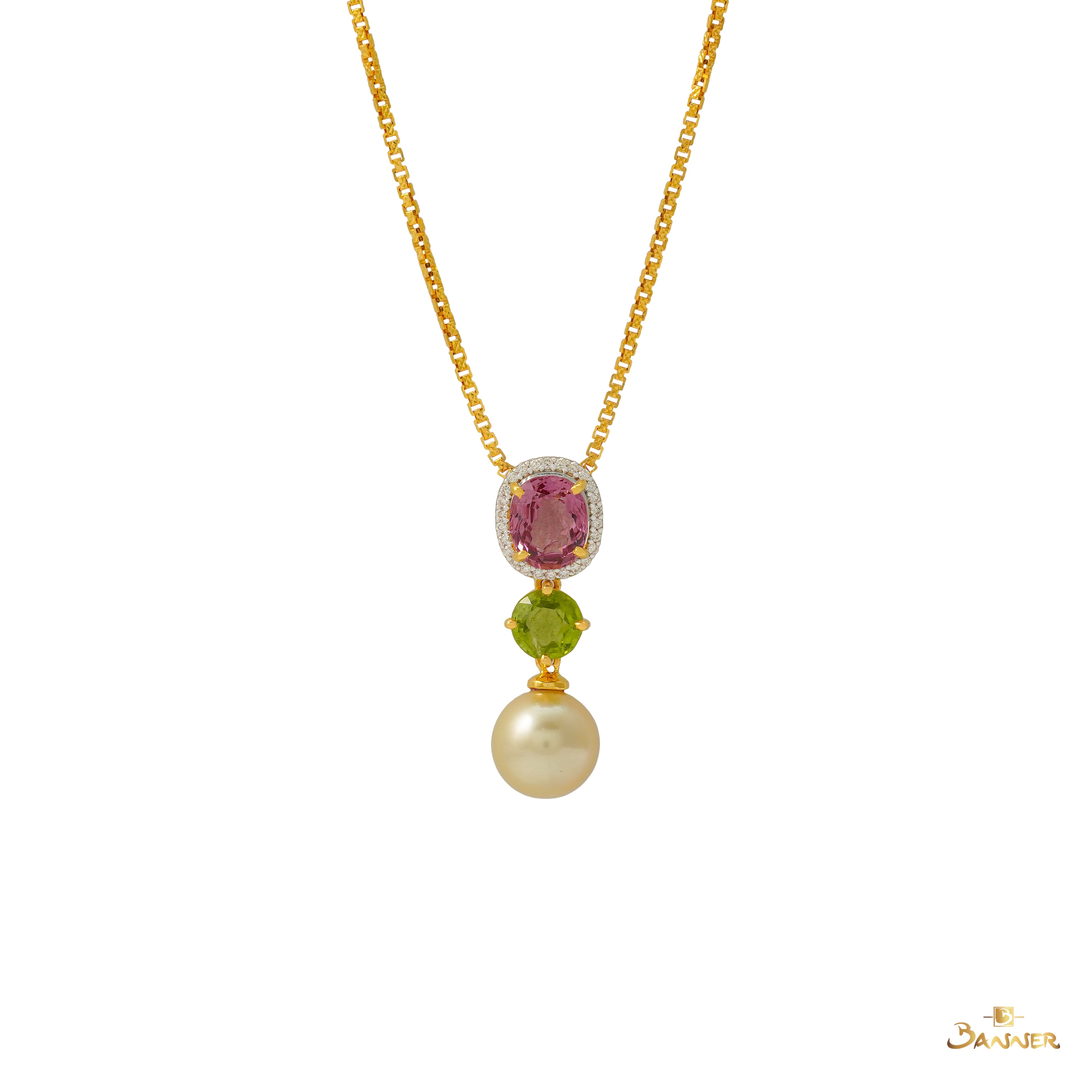 Pink Spinel, Peridot, Pearl and Diamond Pendant