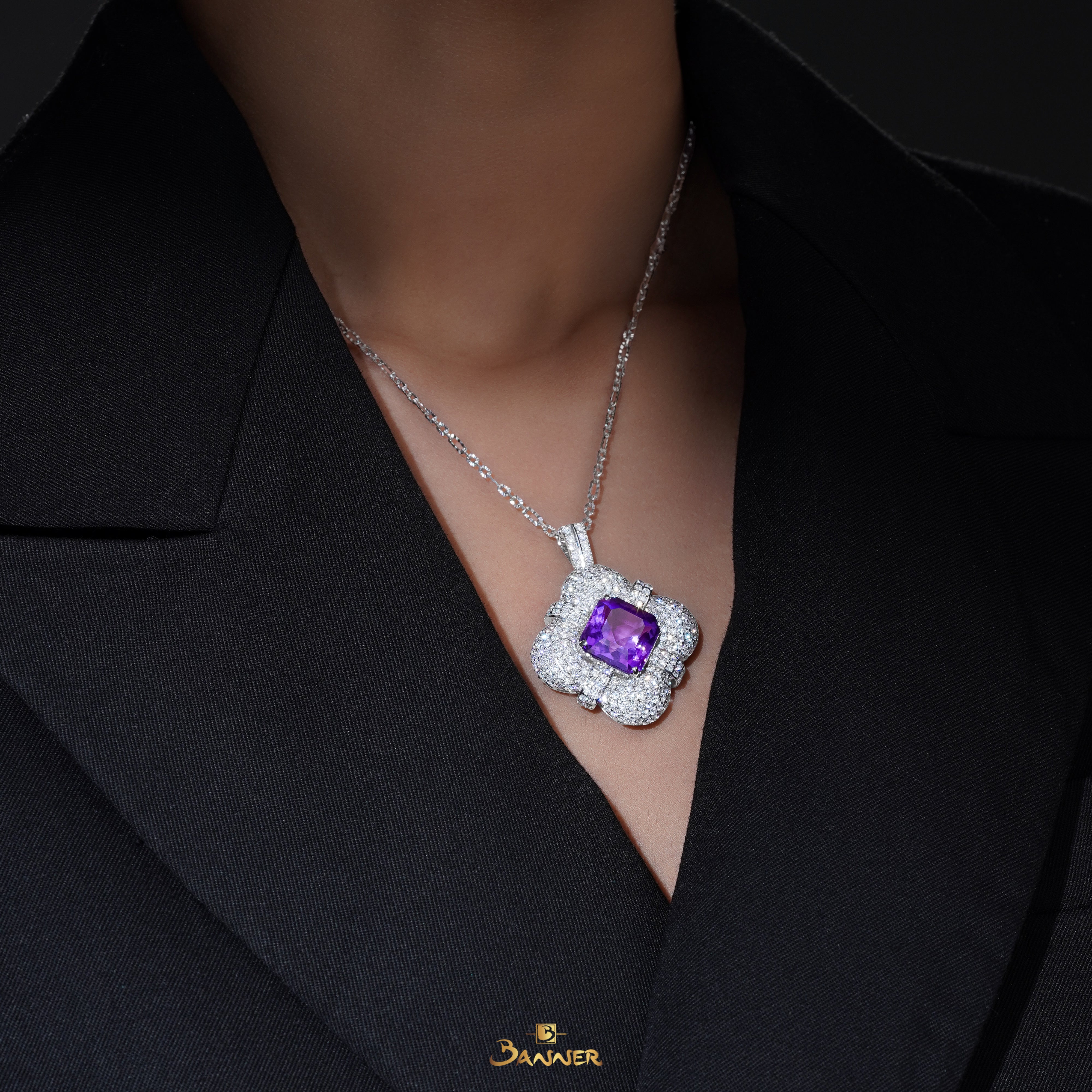 Amethyst and Diamond Petal Brooch / Pendant