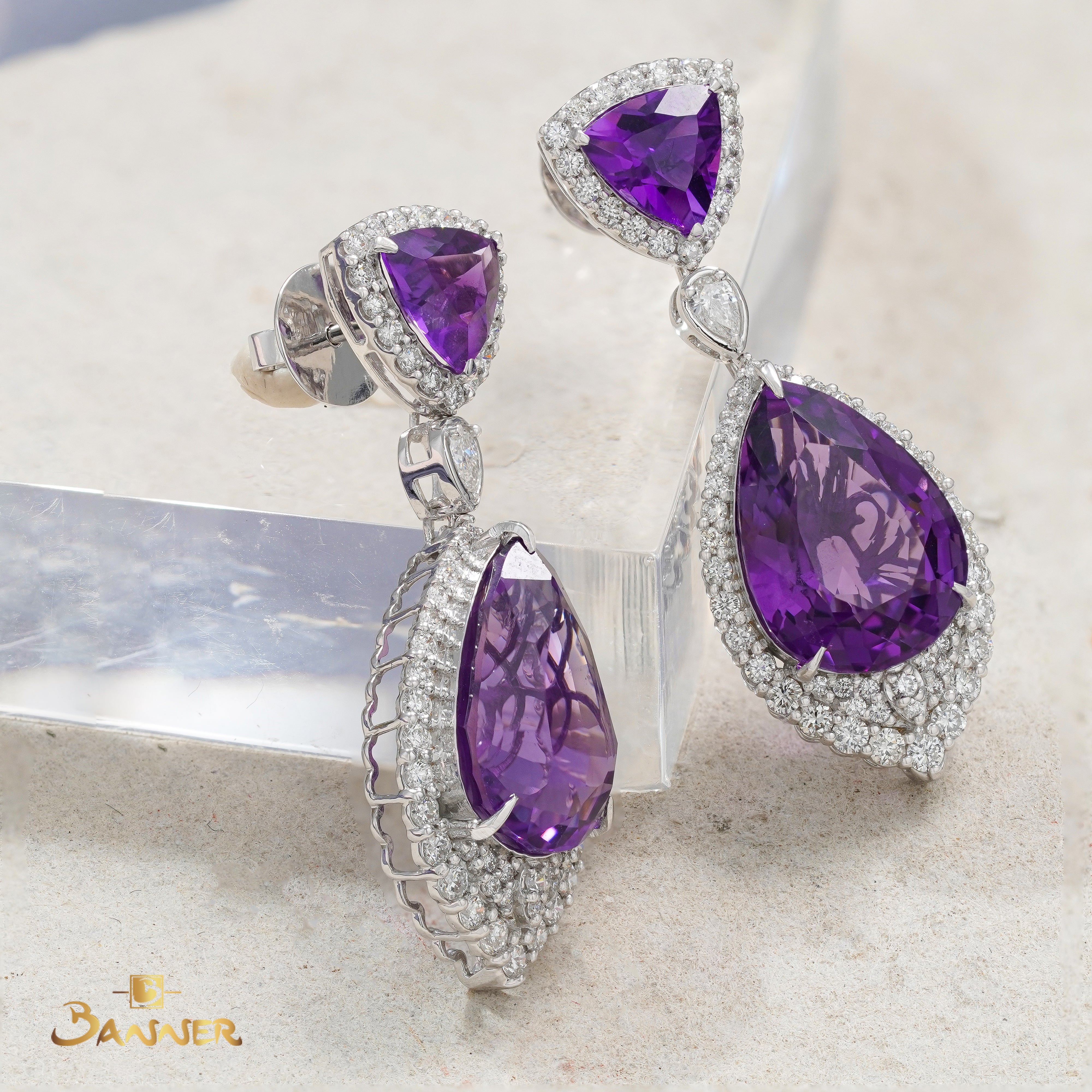 Amethyst and Diamond Pear Shape Halo Earrings