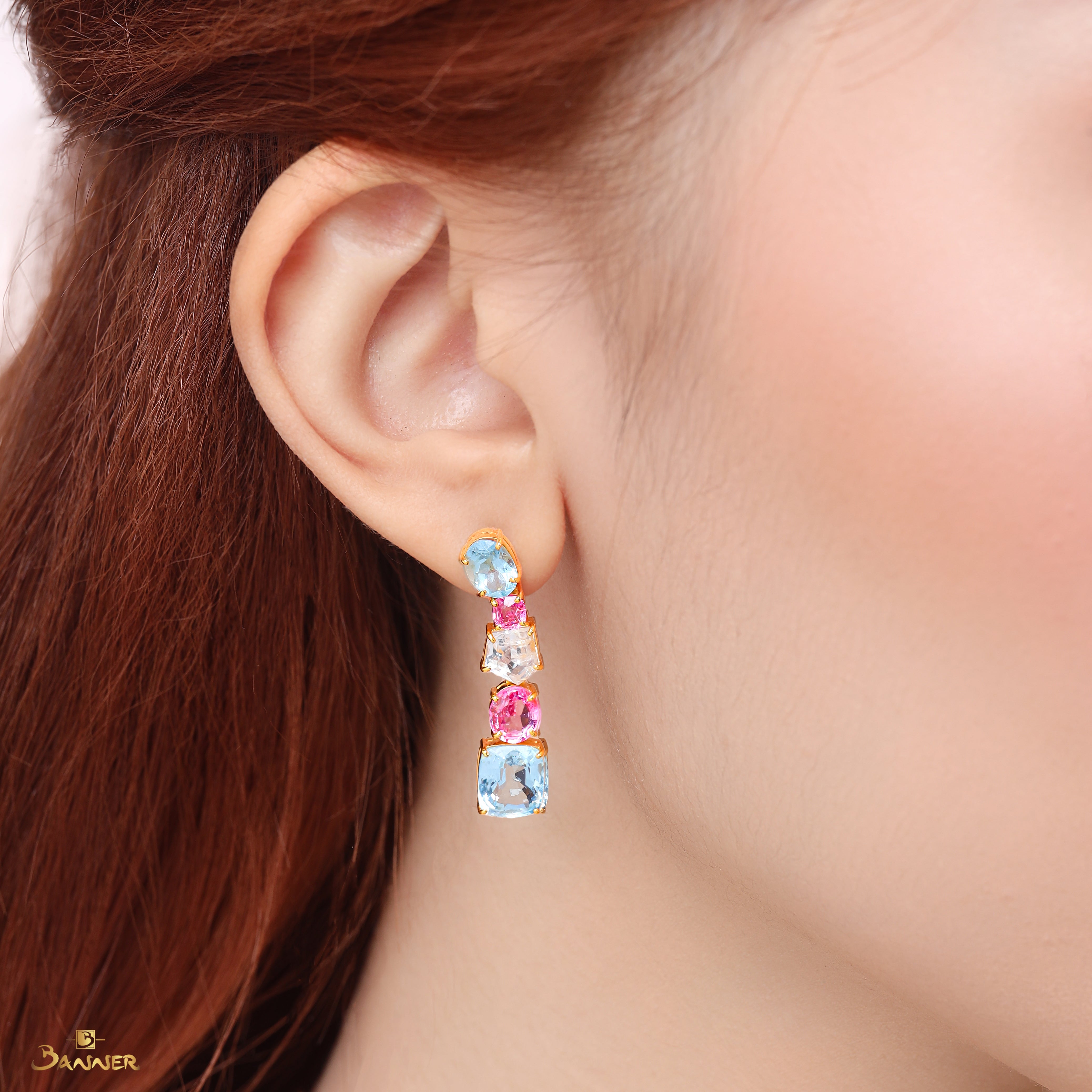 Aquamarine , Pink Spinel and Multi-Colored Sapphire Tennis Earrings