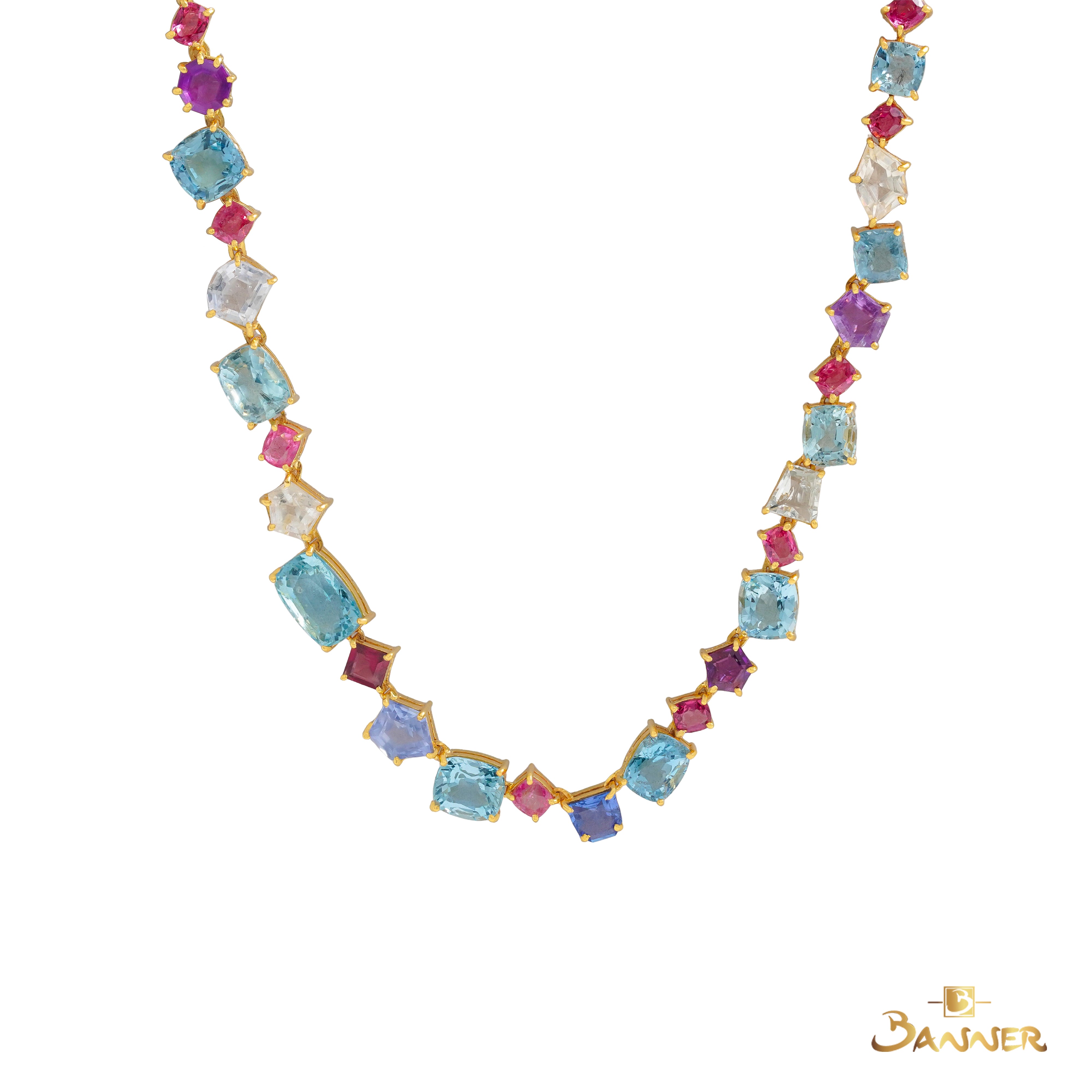 Aquamarine , Pink Spinel and Multi-Colored Sapphire Tennis Necklace