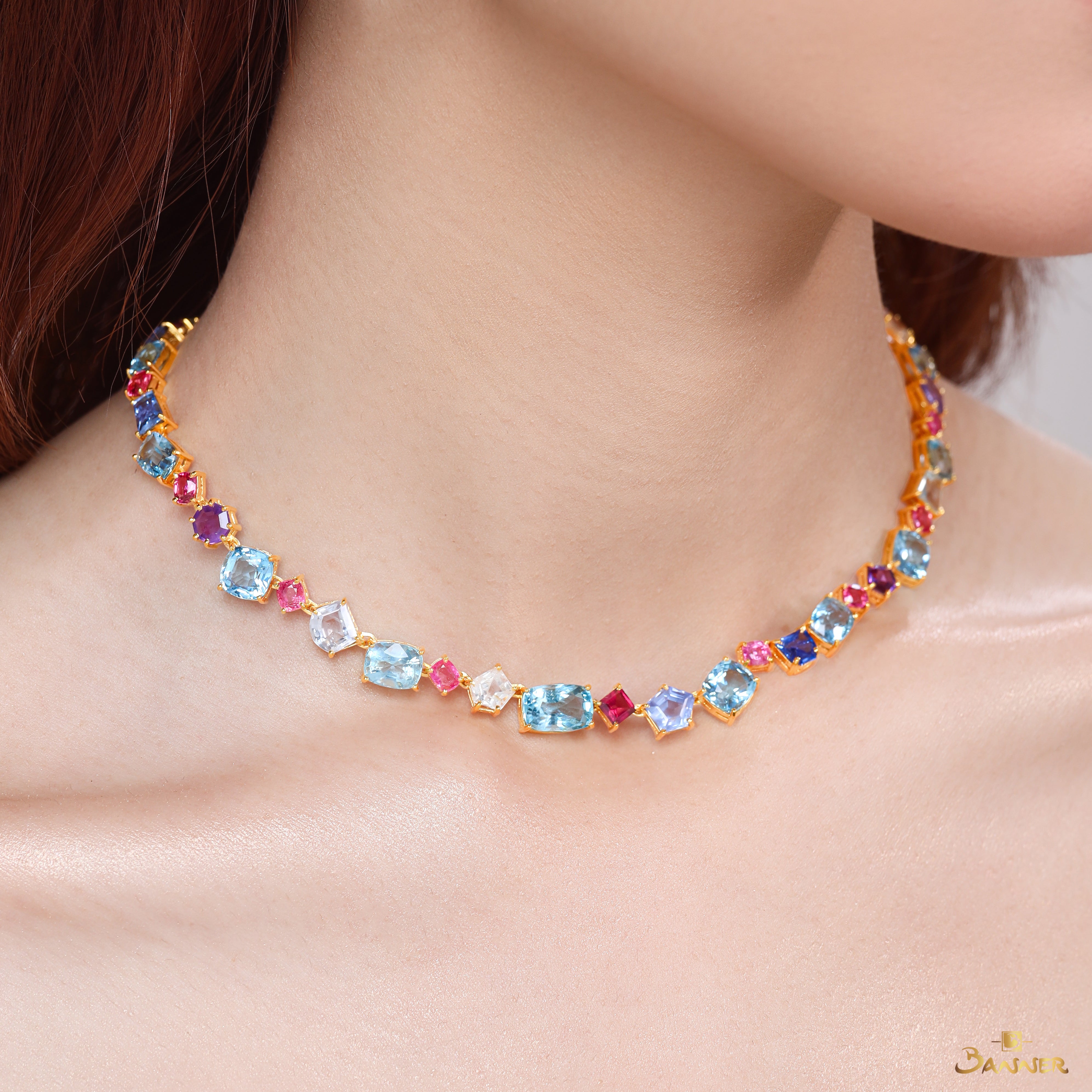 Aquamarine , Pink Spinel and Multi-Colored Sapphire Tennis Necklace