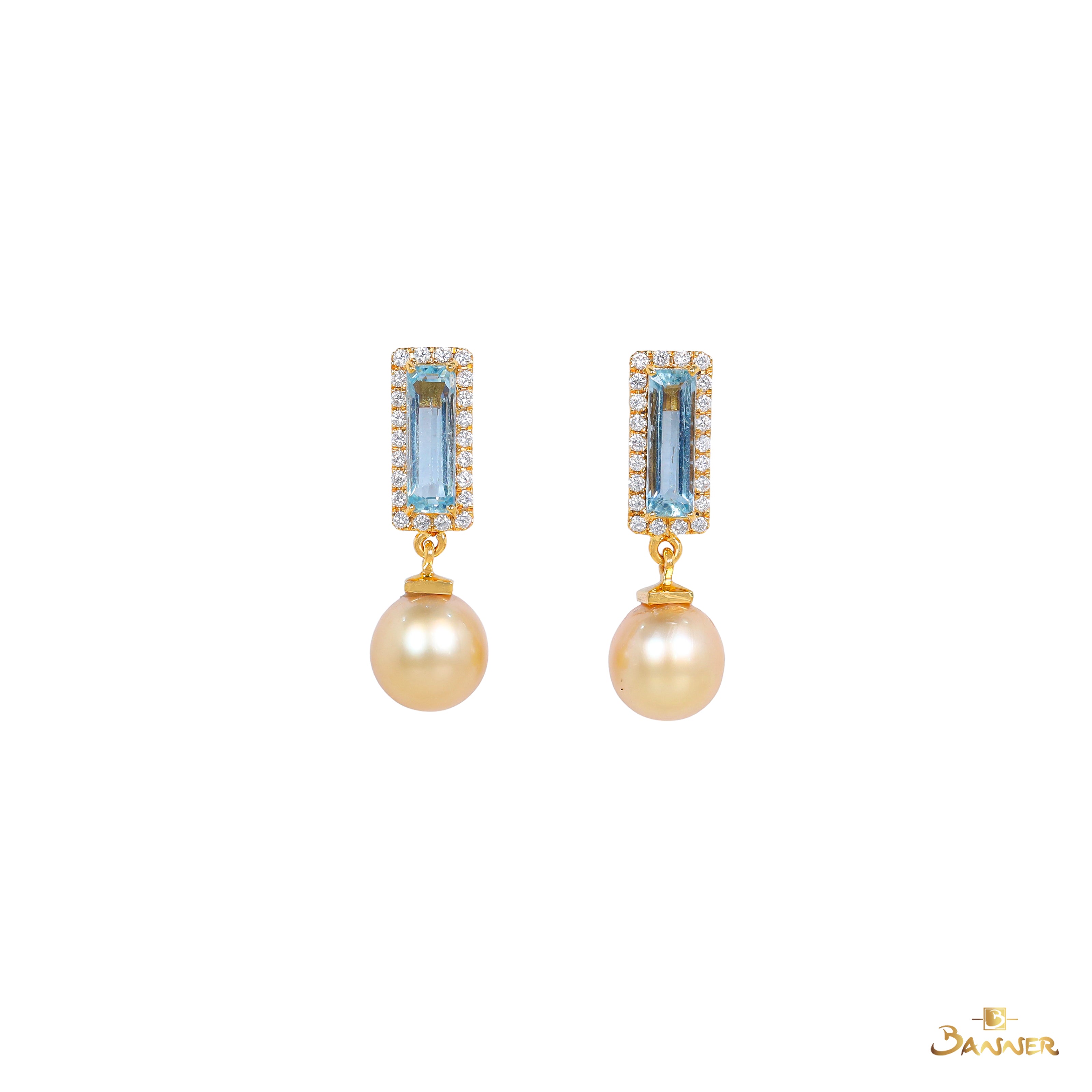Aquamarine , Pearl and Diamond Halo Dangle Earrings
