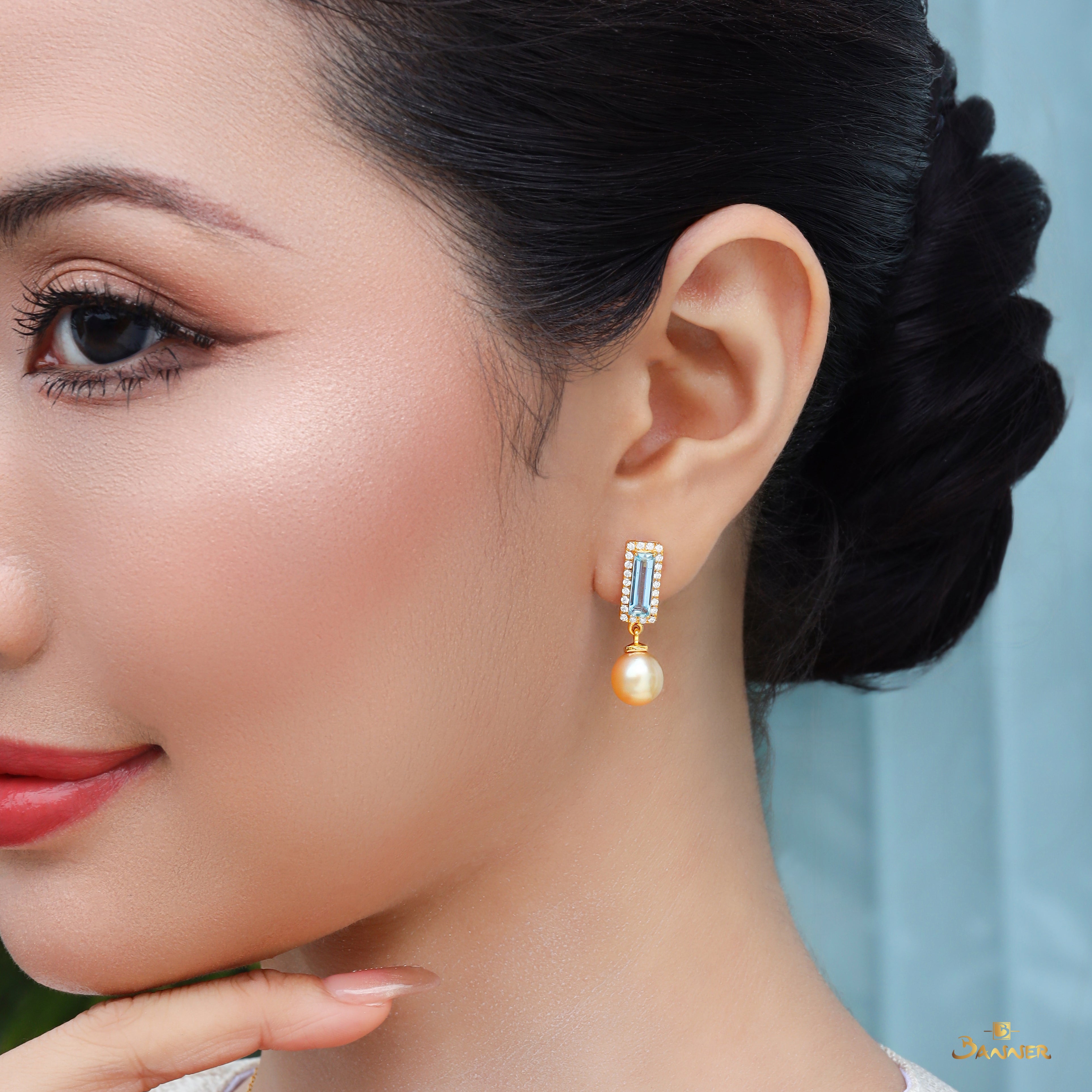 Aquamarine , Pearl and Diamond Halo Dangle Earrings