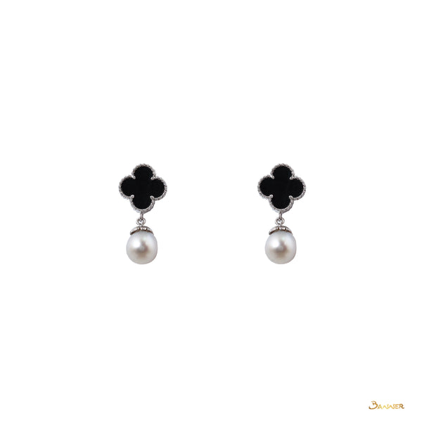 Black Jade and Pearl Clover Dangle Earrings