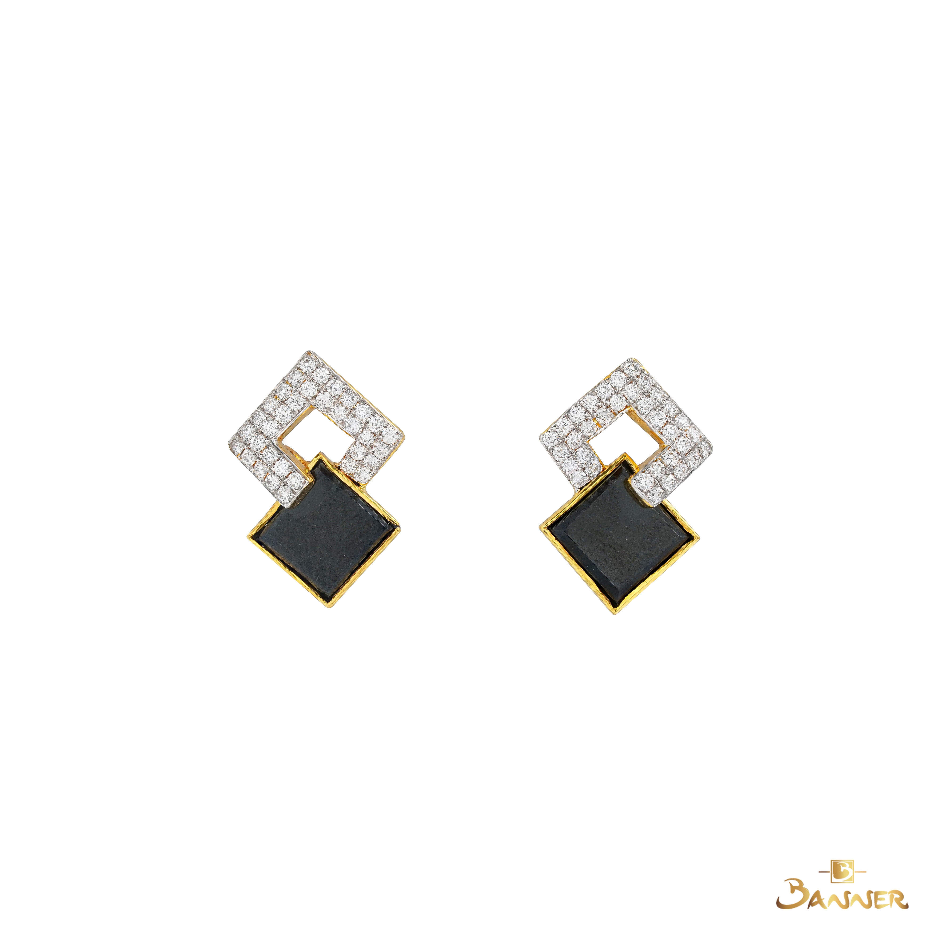 Black Jade and Diamond Mono Square Earrings