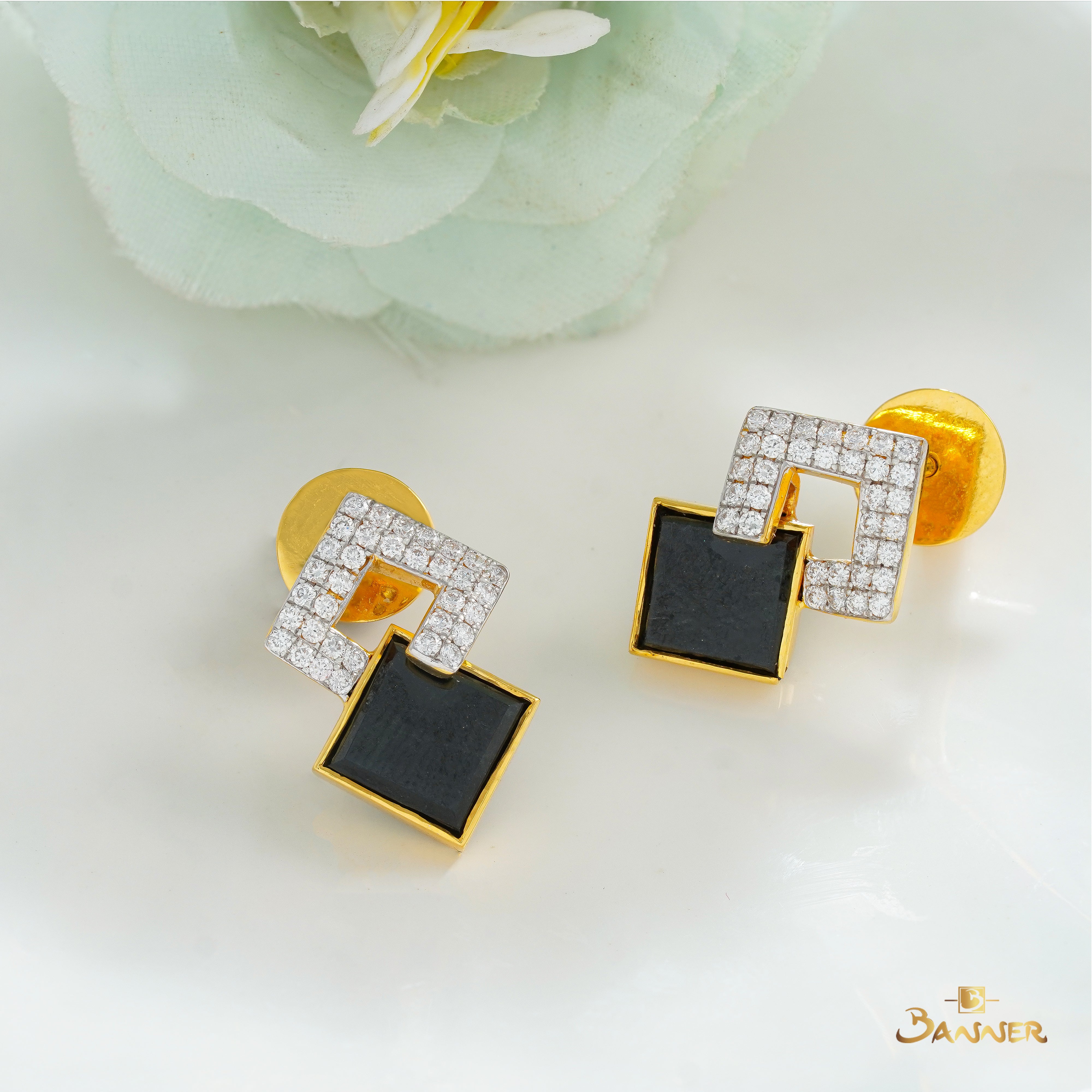 Black Jade and Diamond Mono Square Earrings