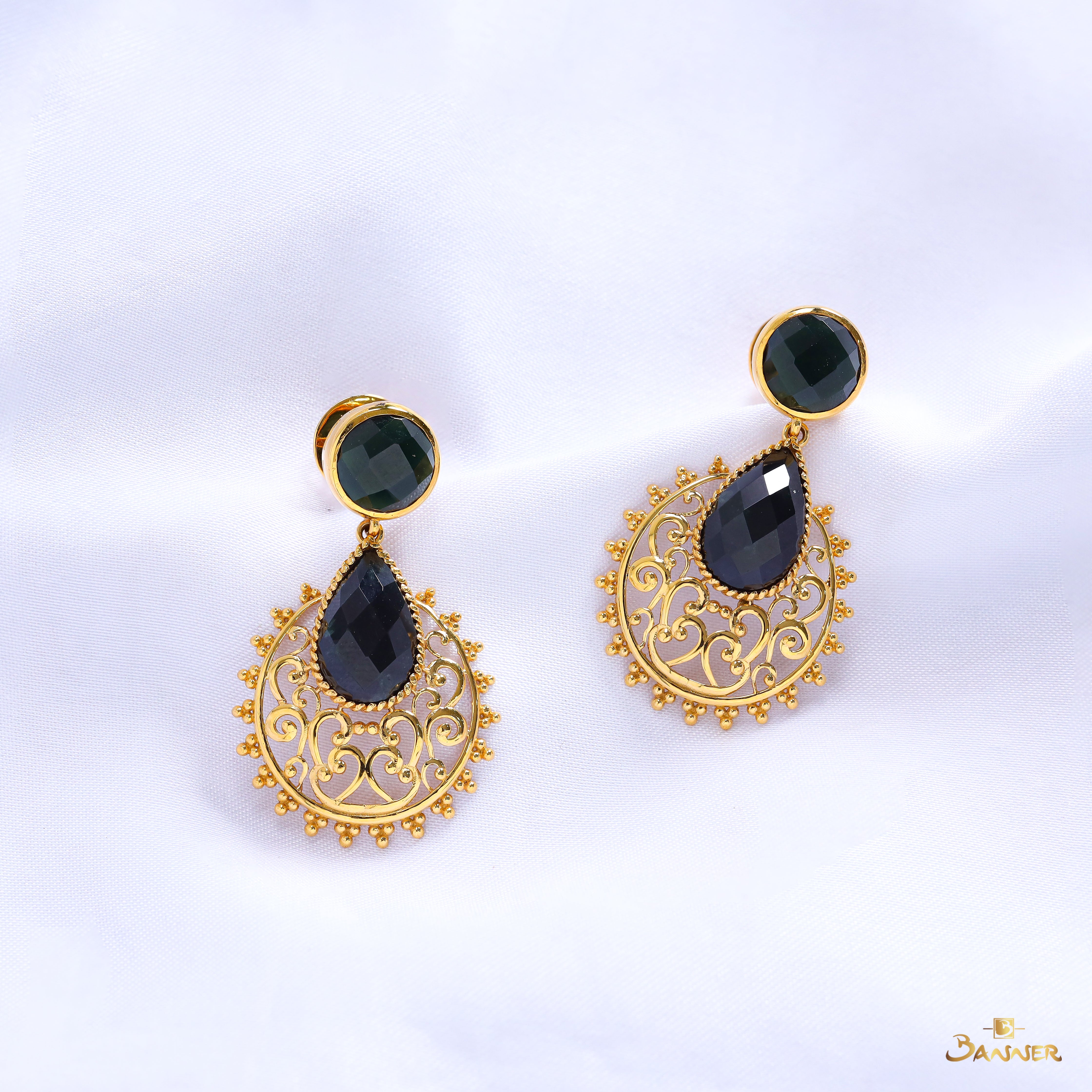 Black Jade and Diamond Kanote Dangle Earrings