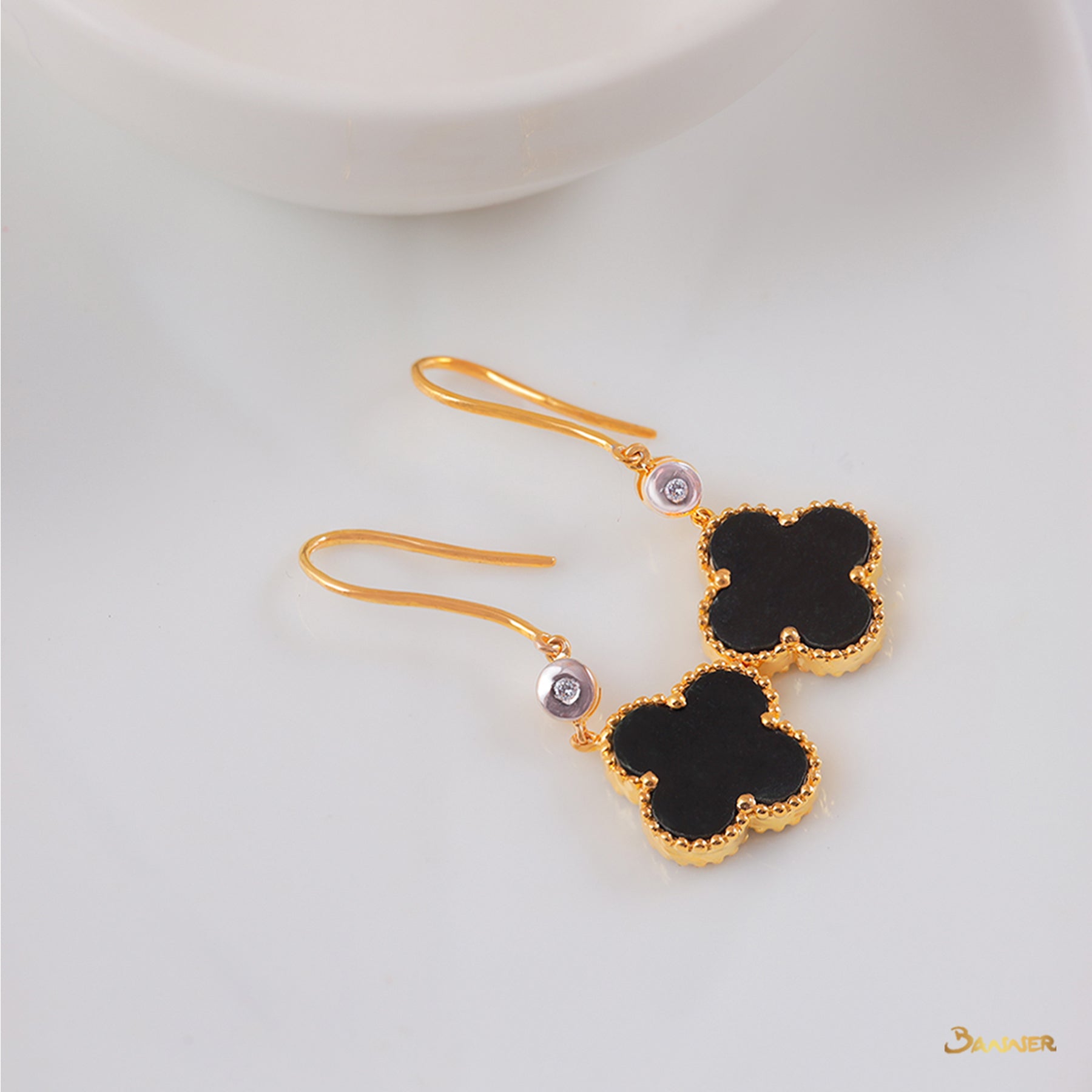 Black Jade Clover and Diamond Dangle Earrings