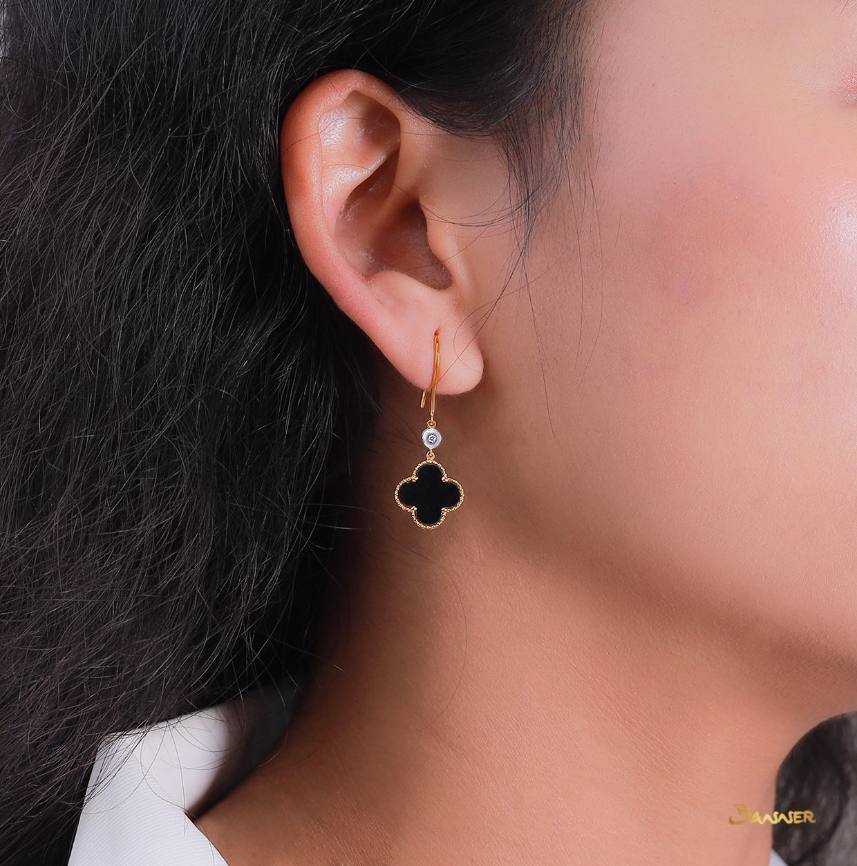 Black Jade Clover and Diamond Dangle Earrings