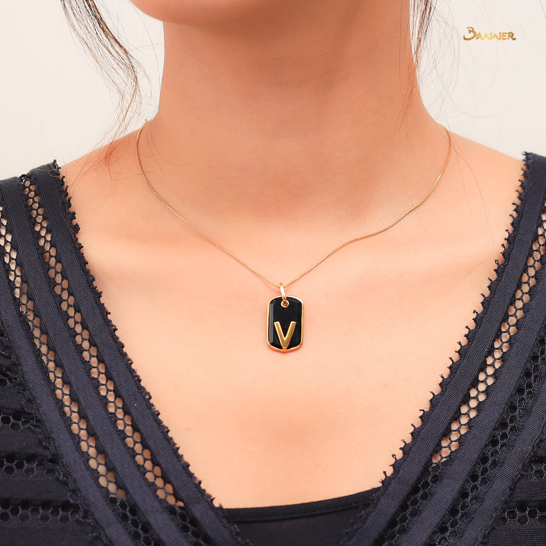 Black Jade and V Name Pendant(Alphabet Customizable)