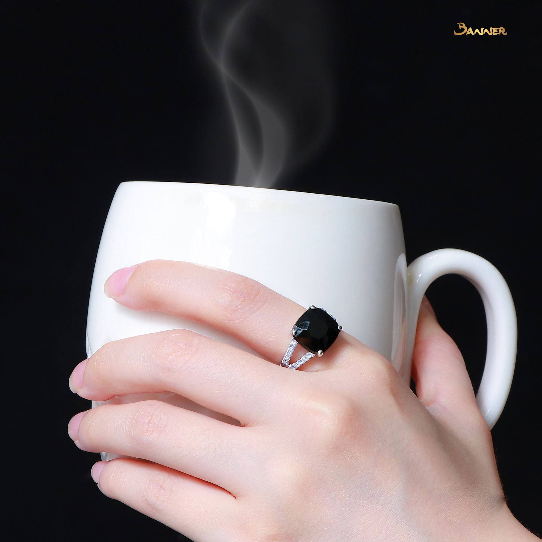 Black Jade and Diamond Two Row Ring