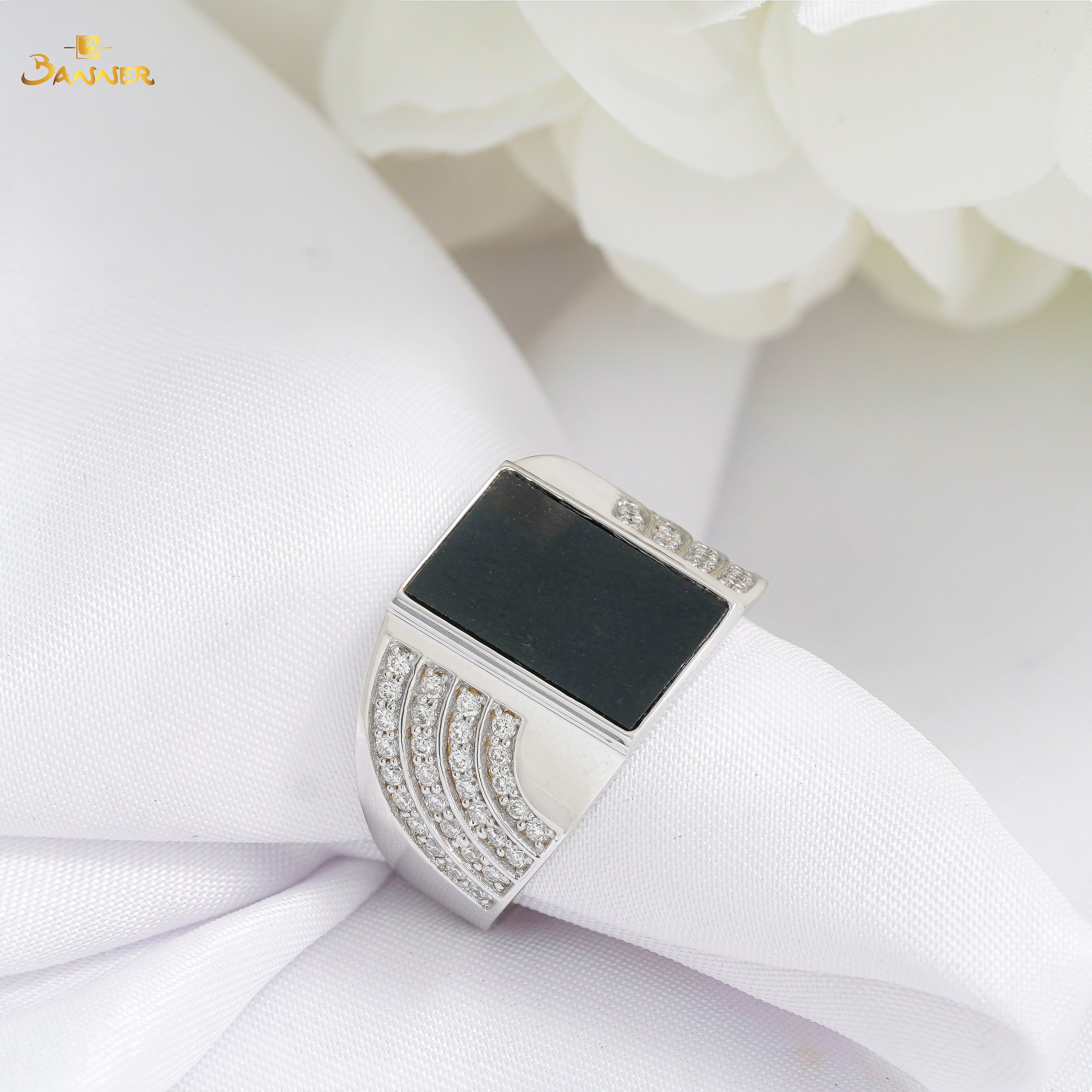 Black Jade and Diamond Men Ring
