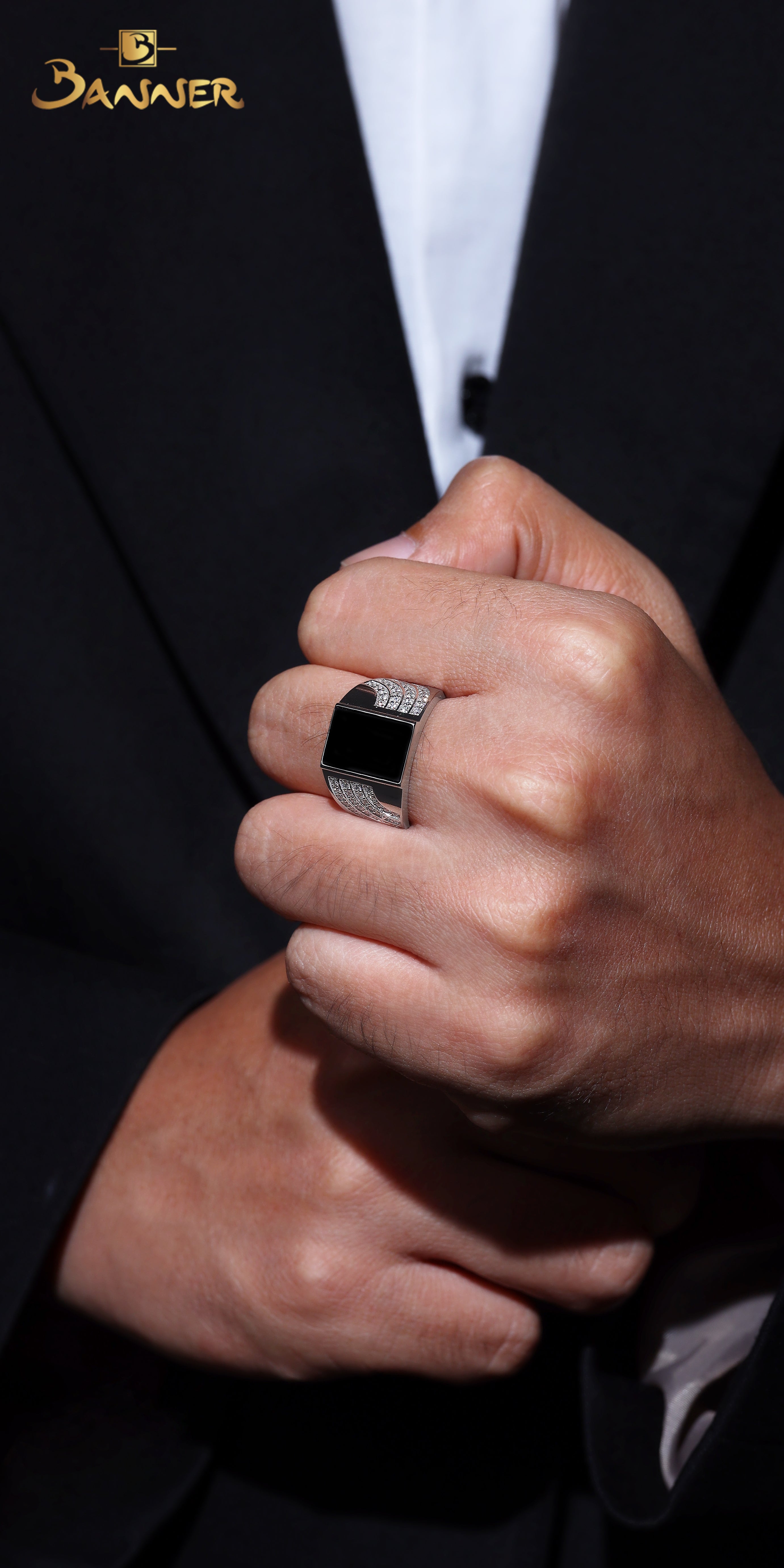 Black Jade and Diamond Men Ring