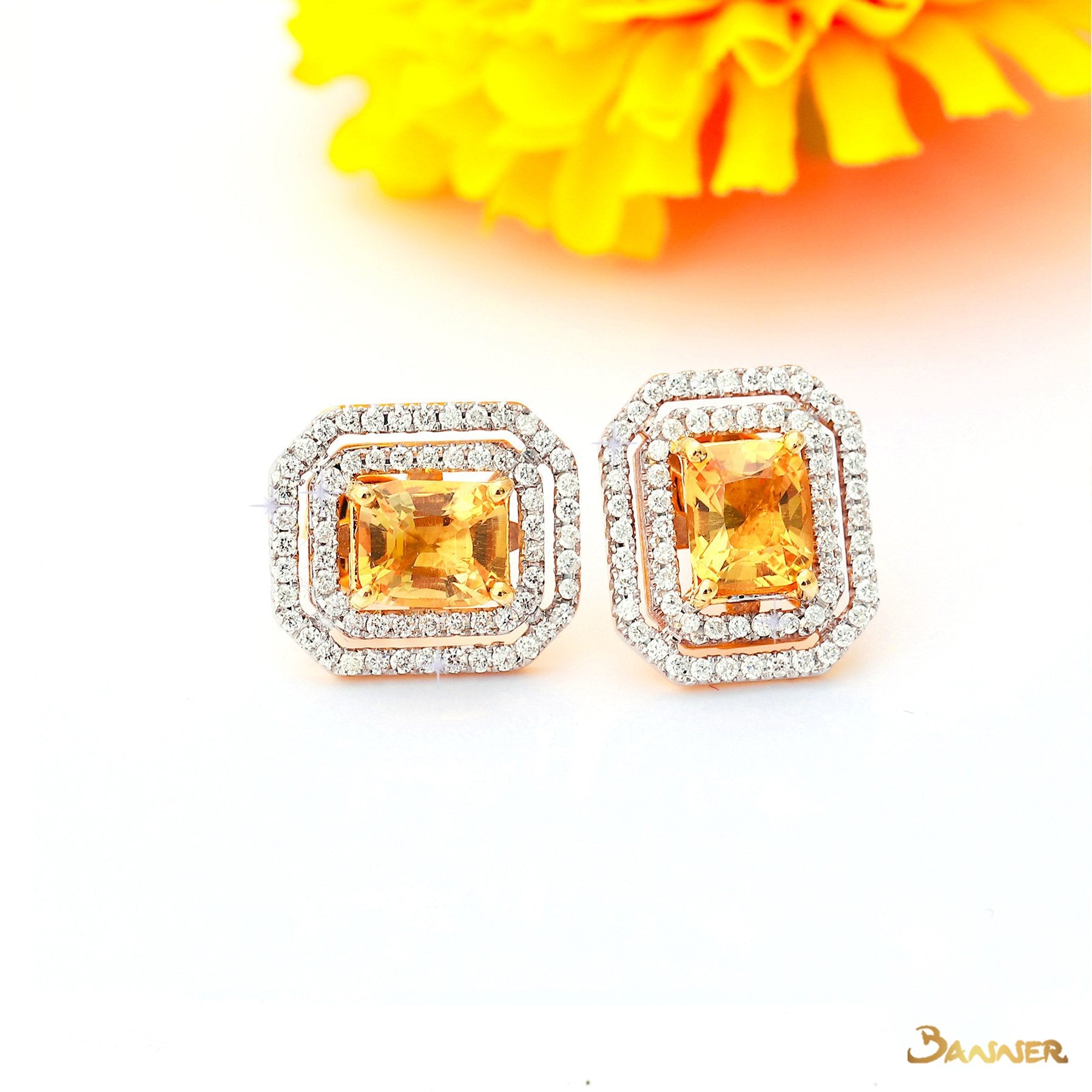 Emerald-cut Citrine and Diamond Double Halo Earrings