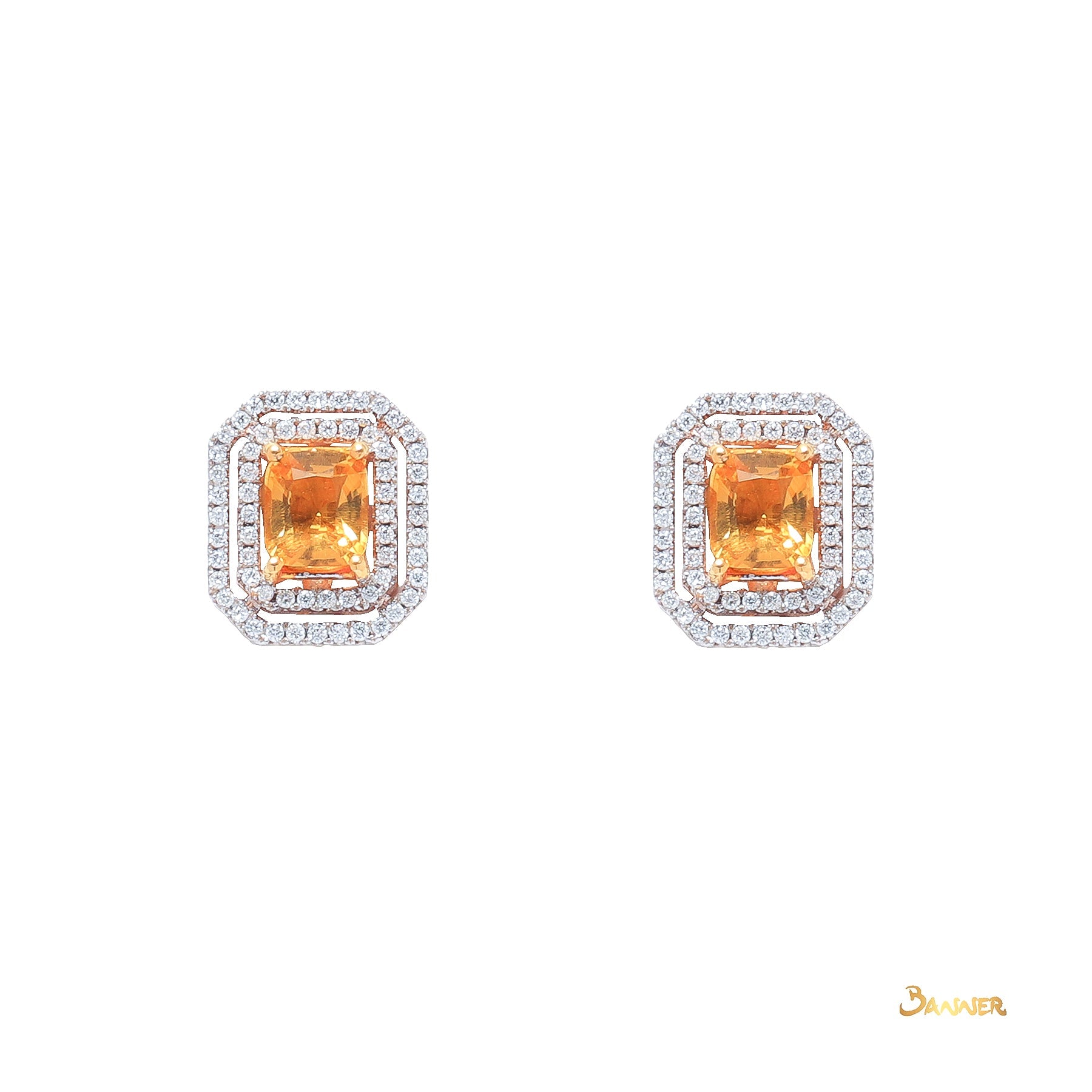Emerald-cut Citrine and Diamond Double Halo Earrings