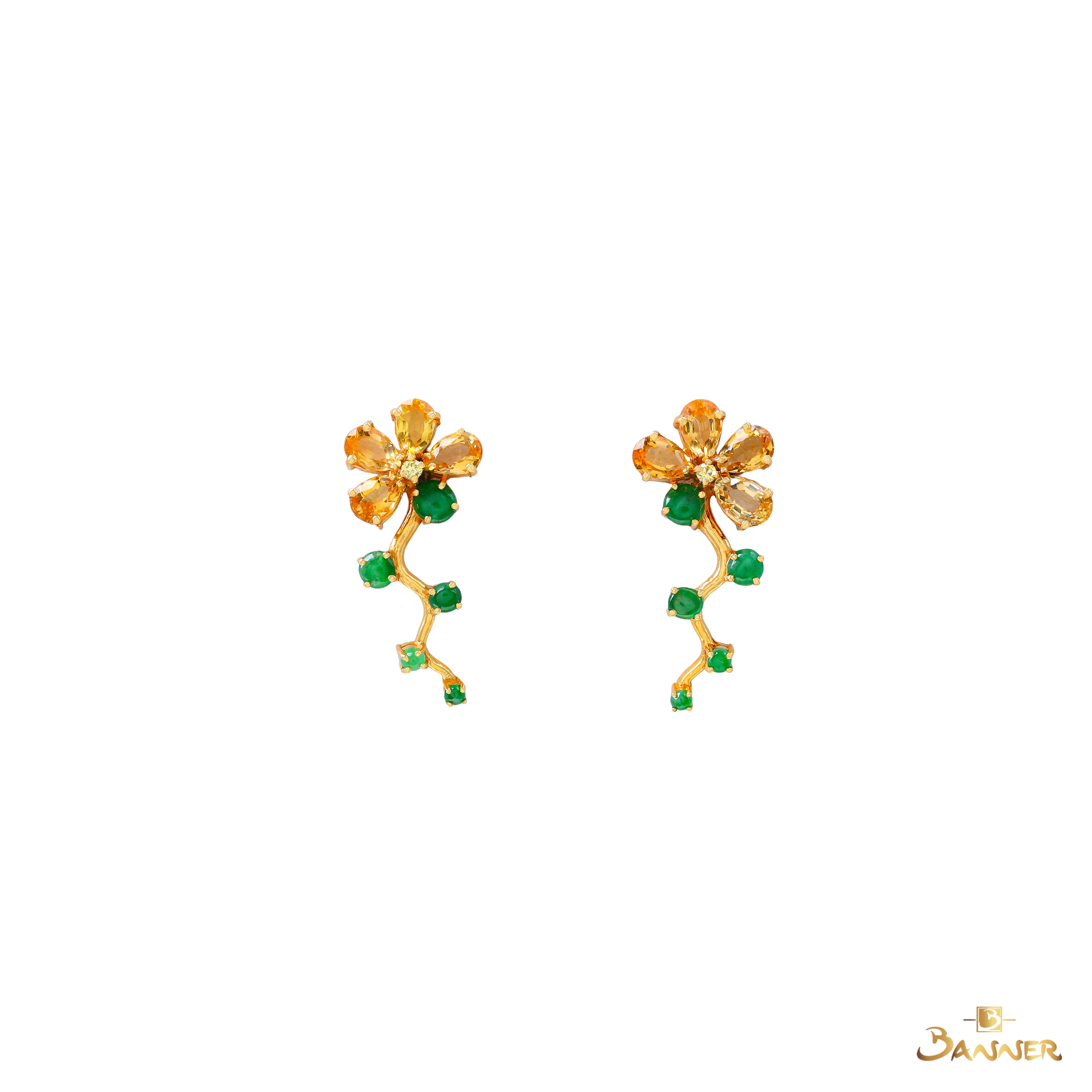 Citrine , Yellow Sapphire and Jade Floral Vine Earrings
