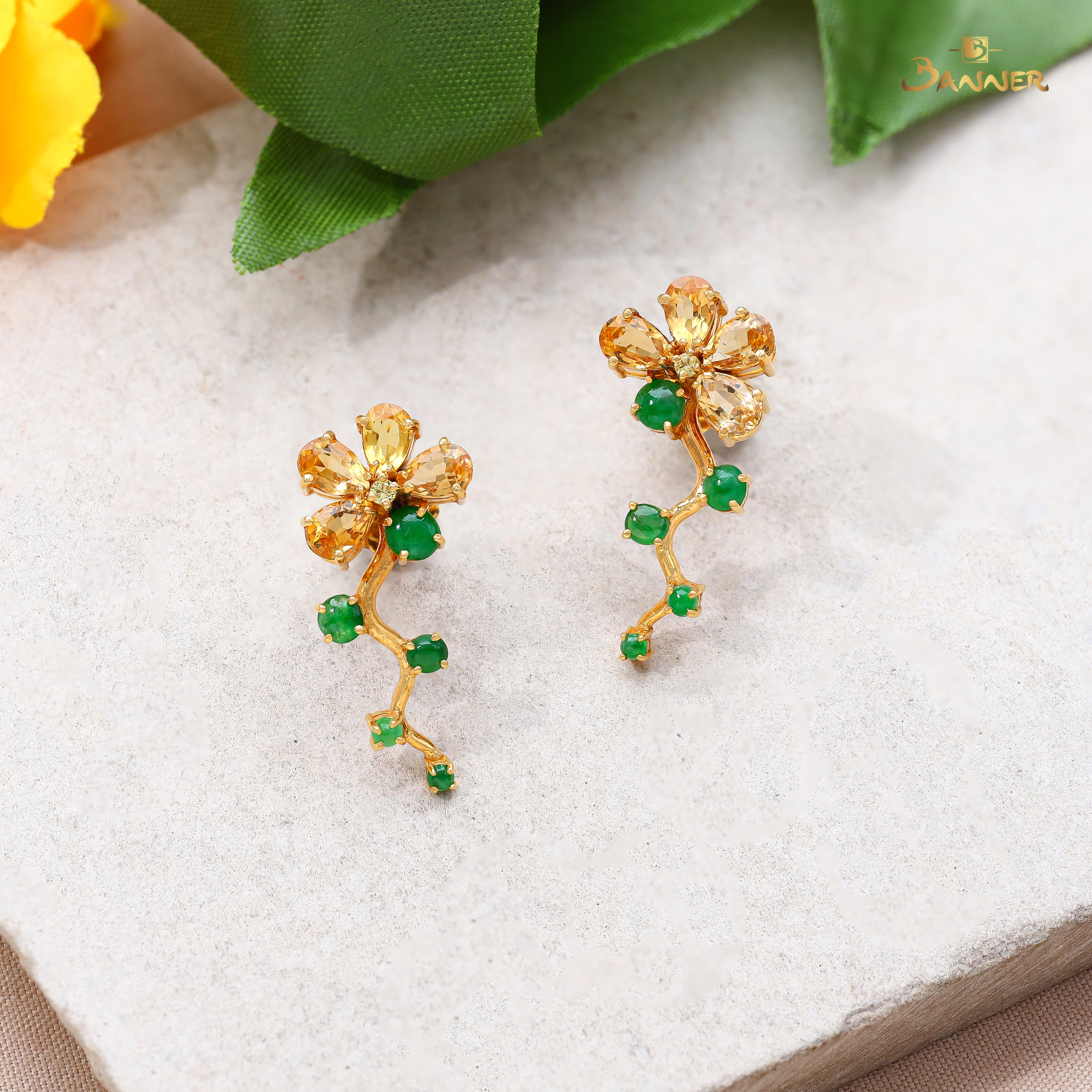 Citrine , Yellow Sapphire and Jade Floral Vine Earrings