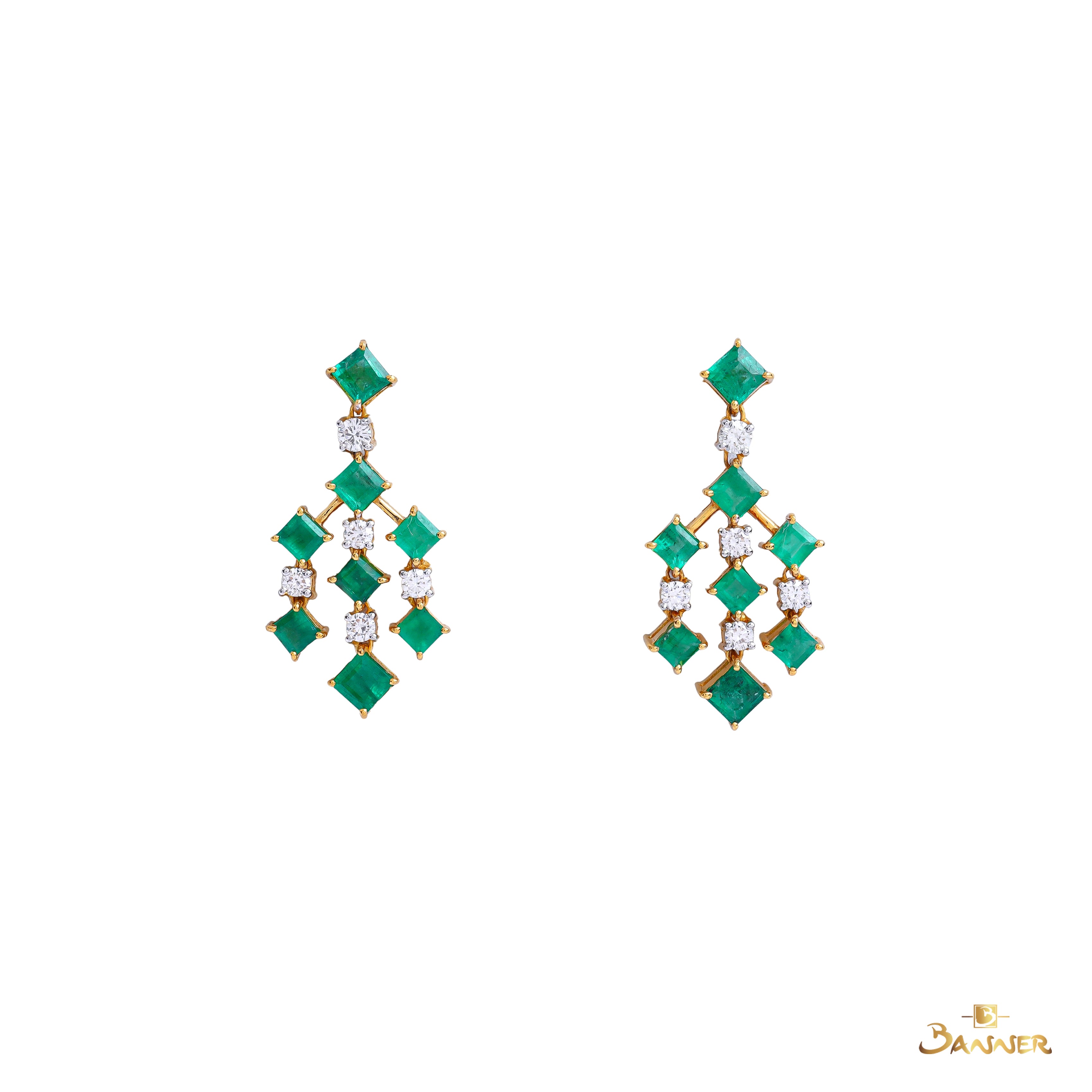 Emerald and Diamond Rhombus Cluster Earrings