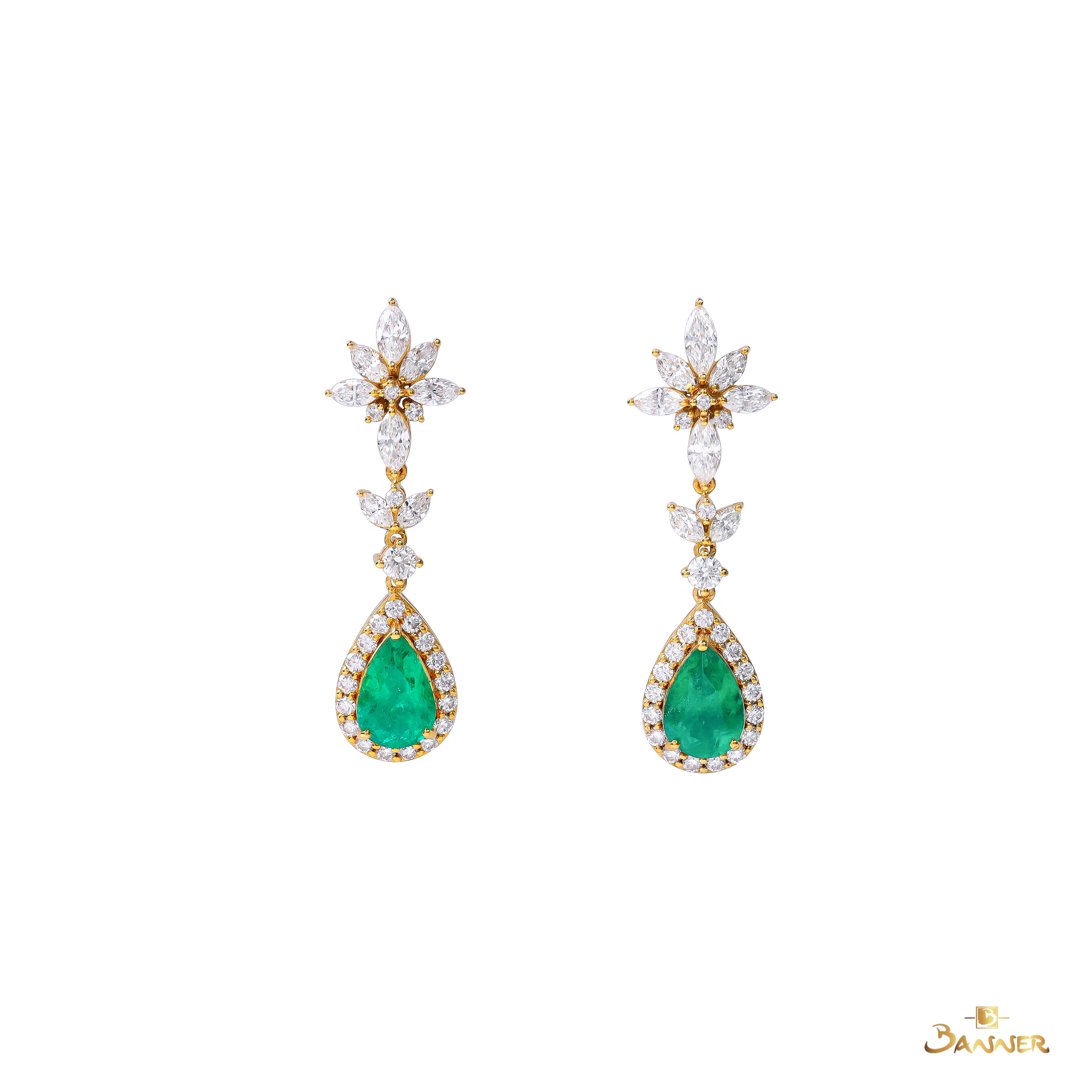 Columbia Emerald and Diamond Raindrop Halo Earrings