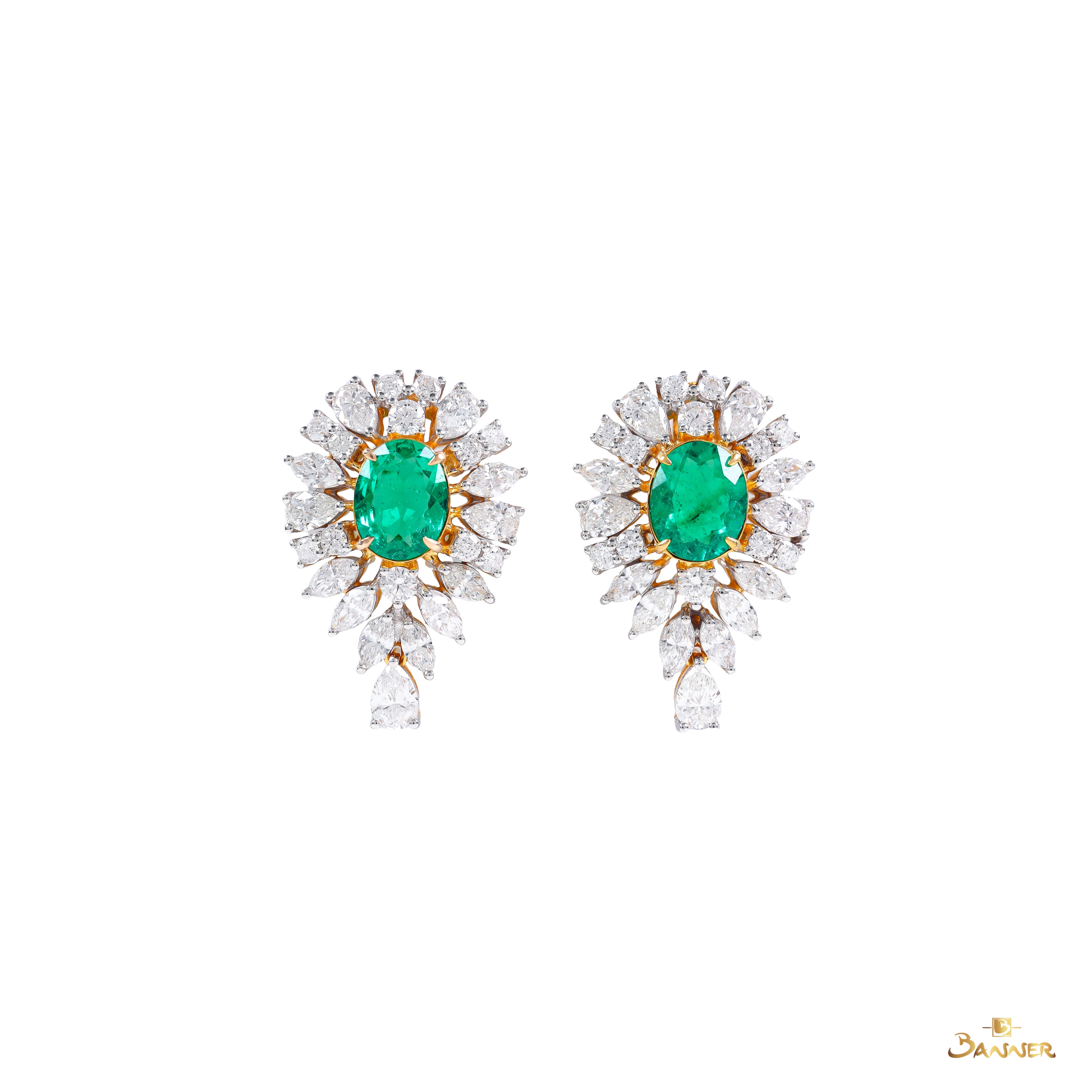 Columbian Emerald Oval and Diamond Earrings