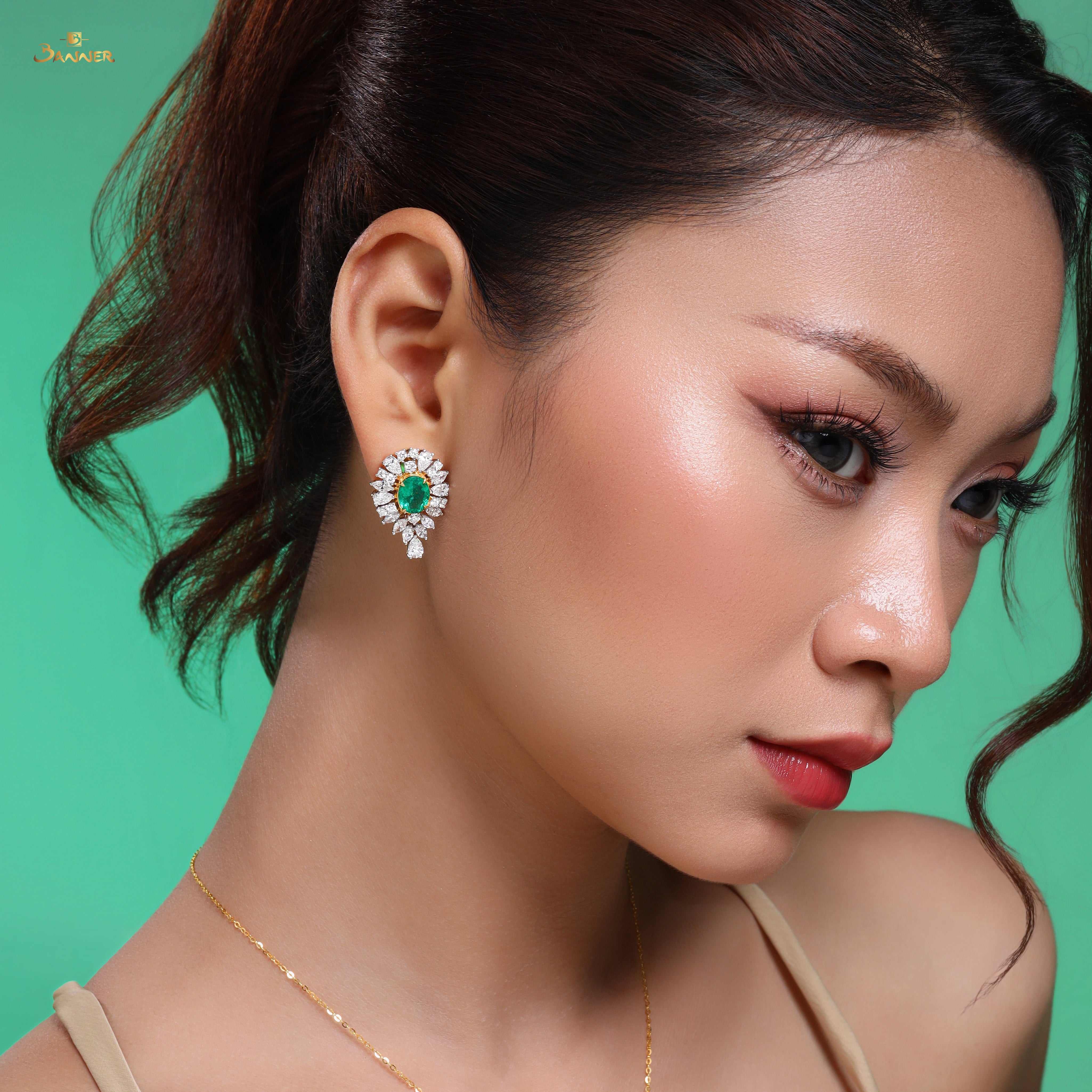 Columbian Emerald Oval and Diamond Earrings