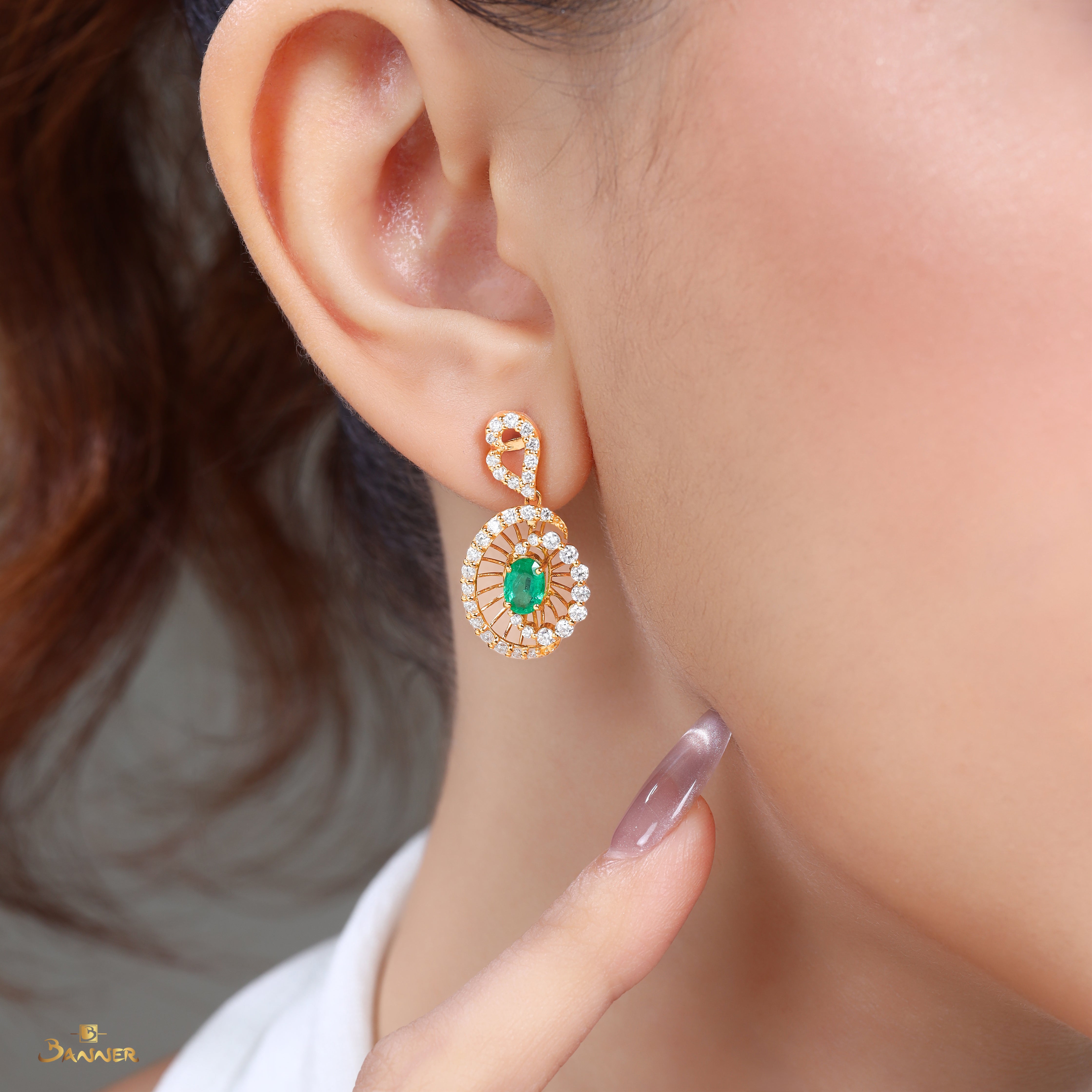 Emerald and Diamond Sunburst Earrings