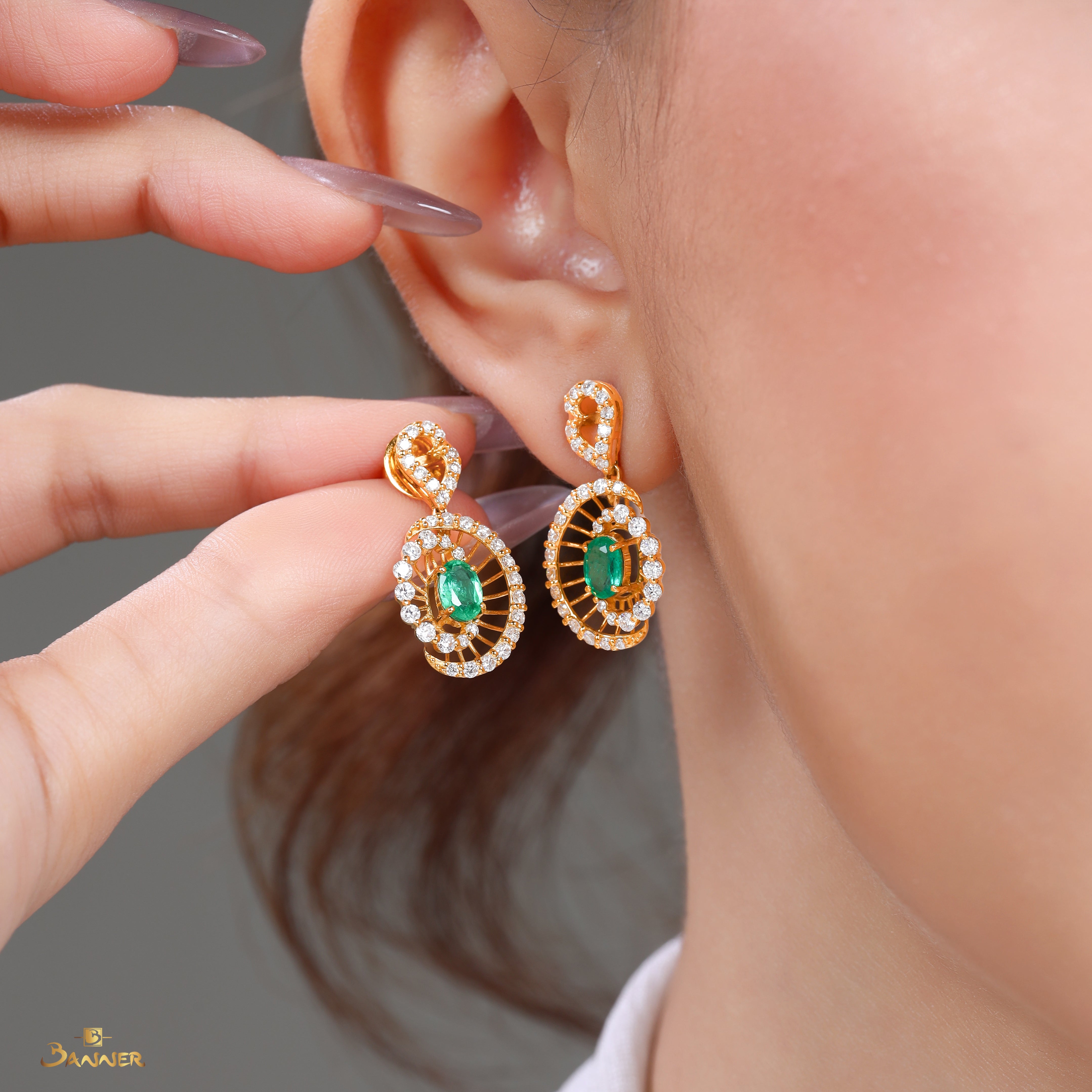 Emerald and Diamond Sunburst Earrings