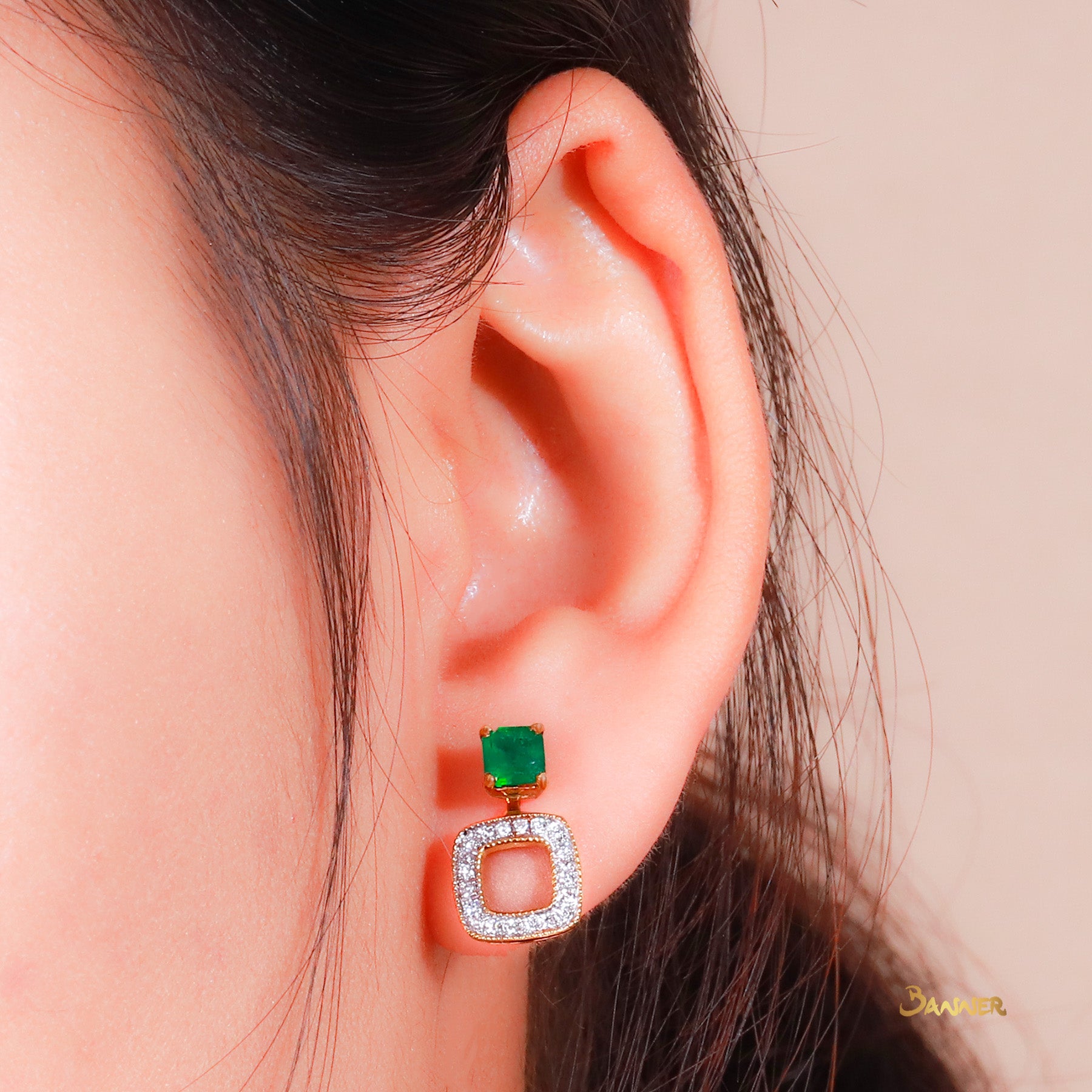 Emerald and Diamond 3-ways Halo Earrings