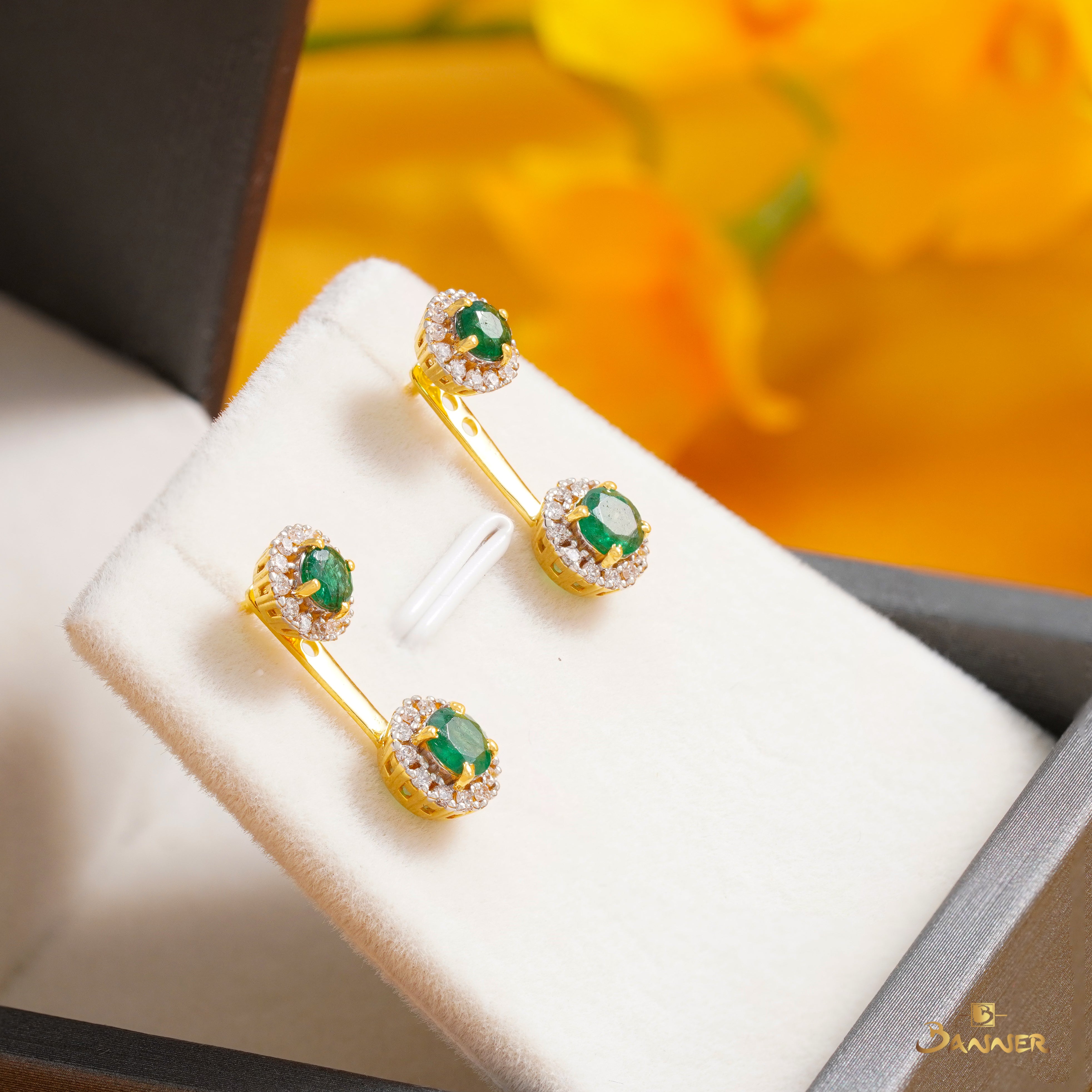Emerald and Diamond 2-ways Dangle Halo Earrings