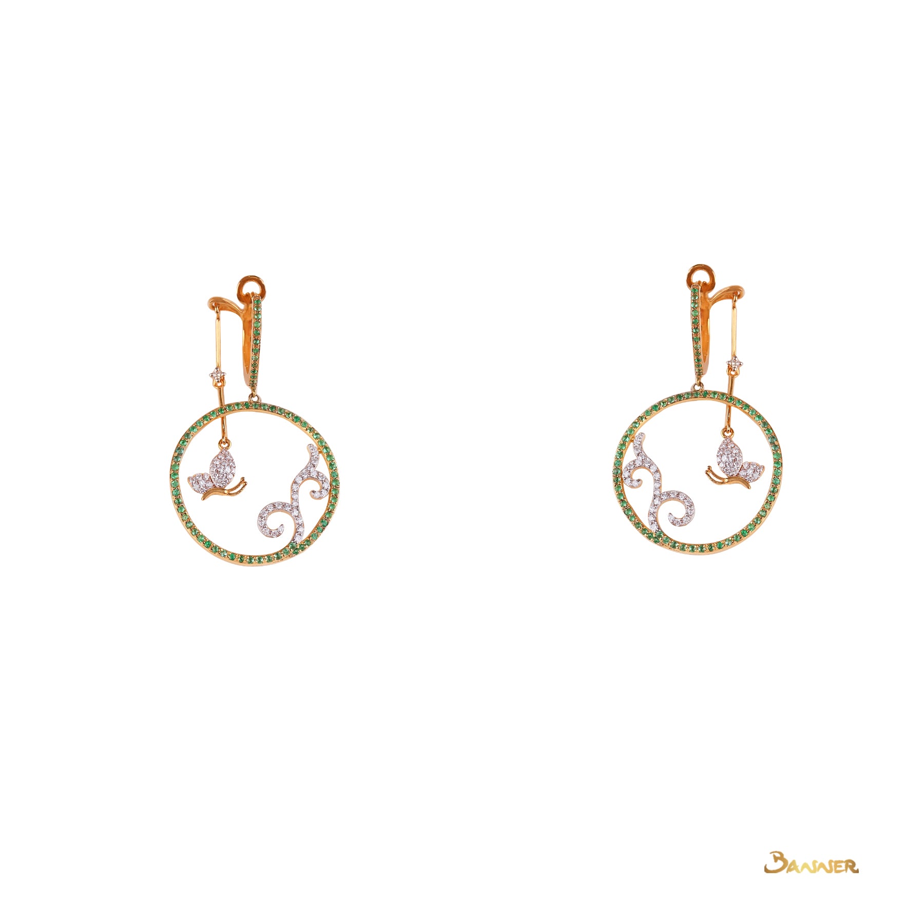 Emerald and Diamond Circle Dangle Earrings