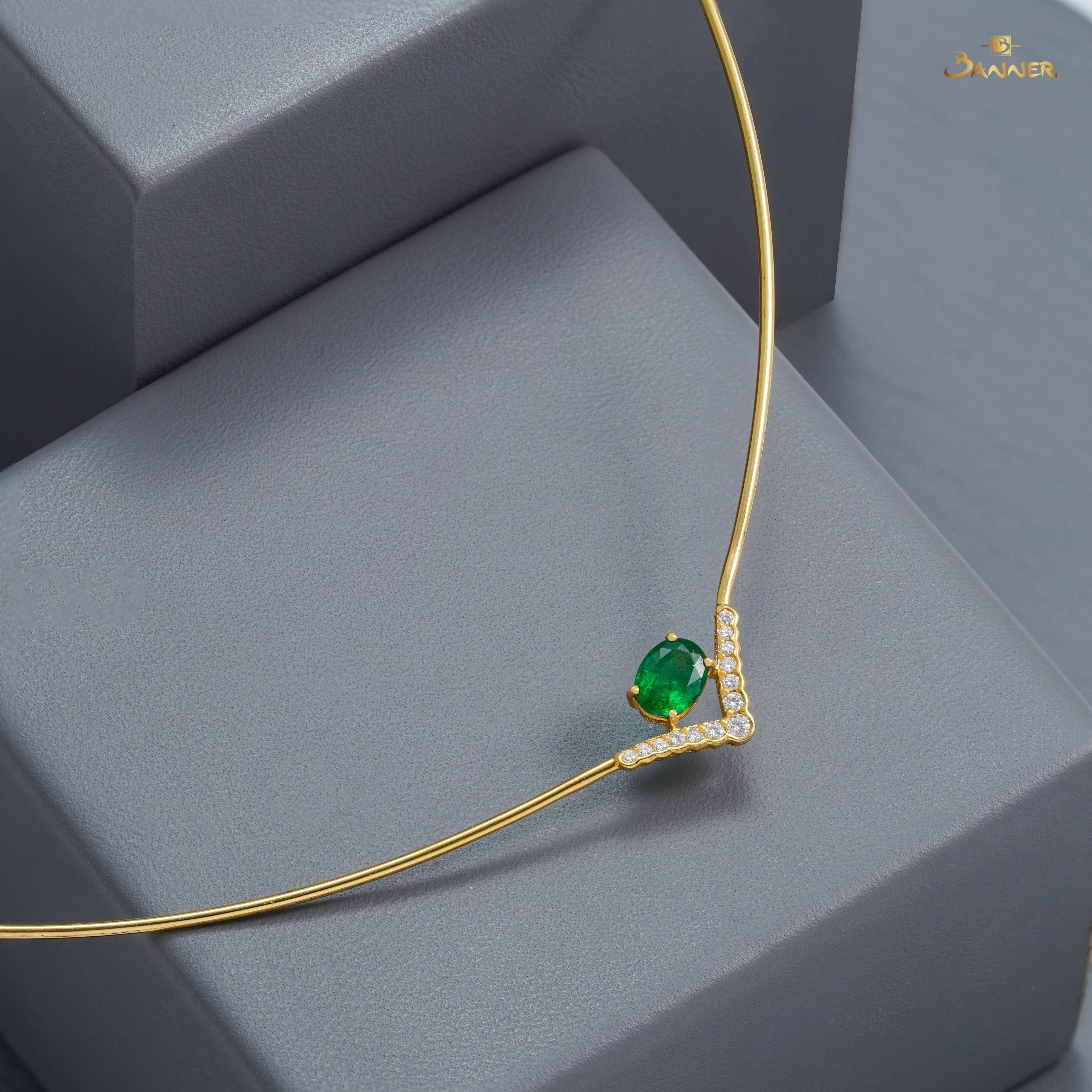 Emerald and Diamond V-shaped Bangle Necklace
