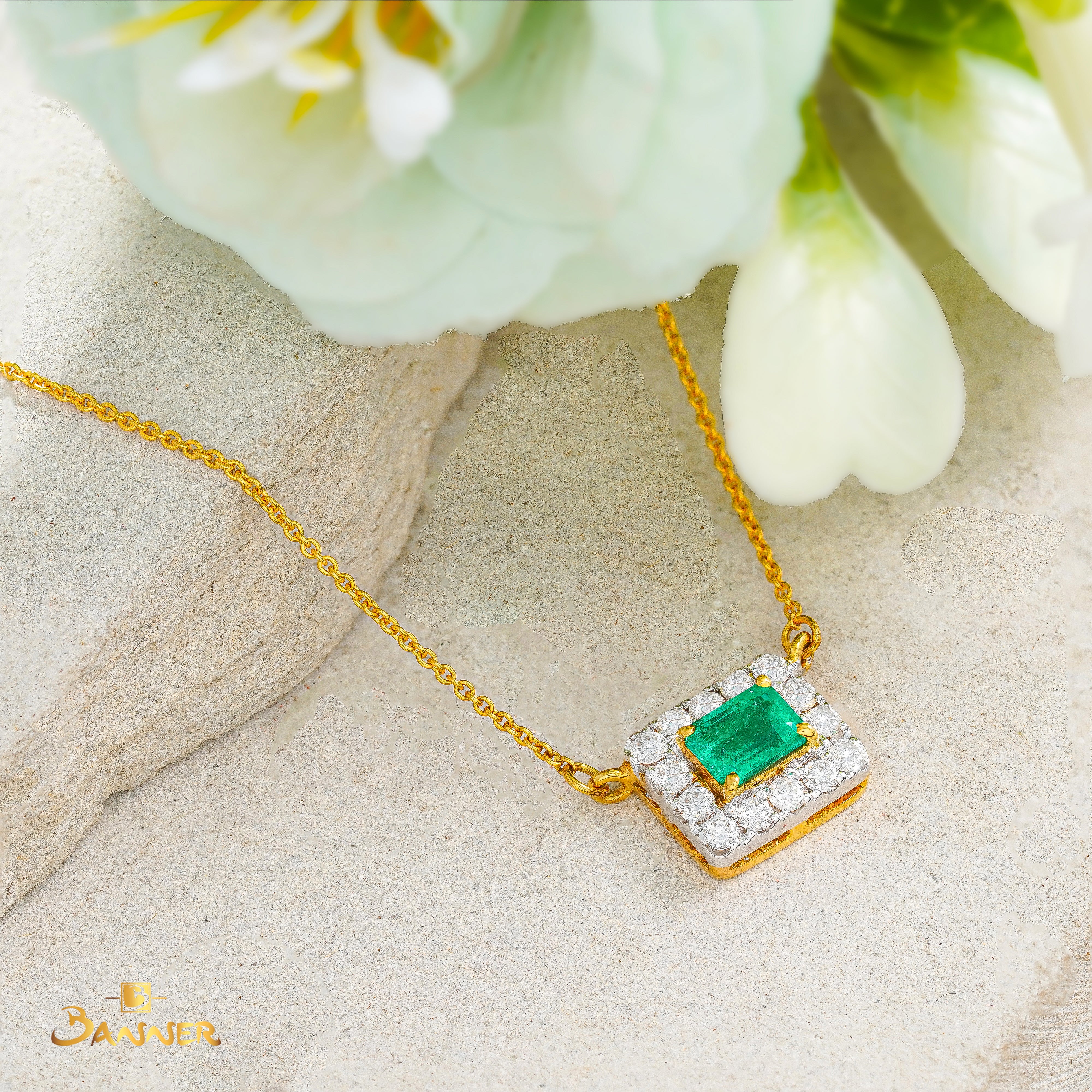 Columbia Emerald and Diamond Halo Necklace