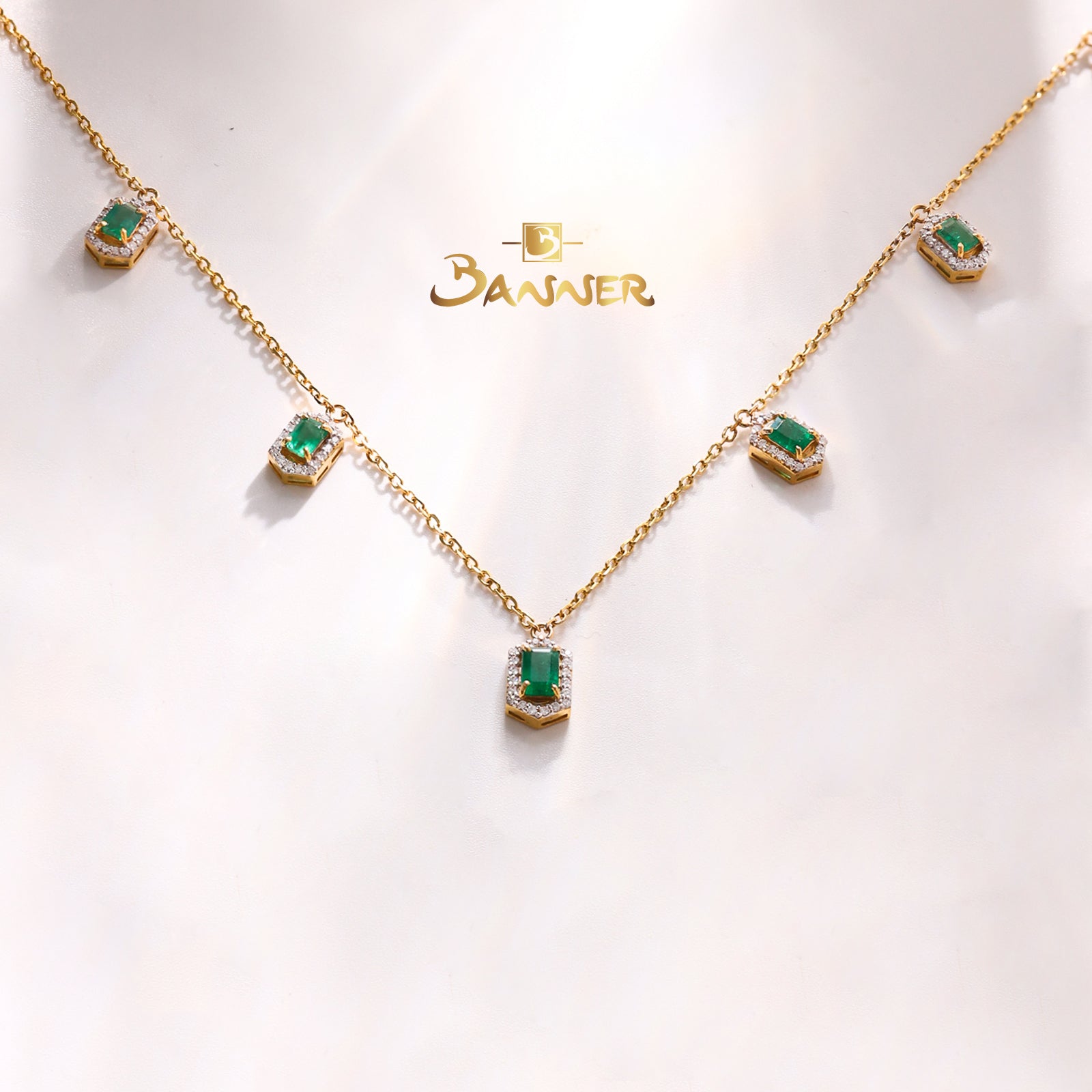 Emerald and Diamond Halo Dangle Necklace