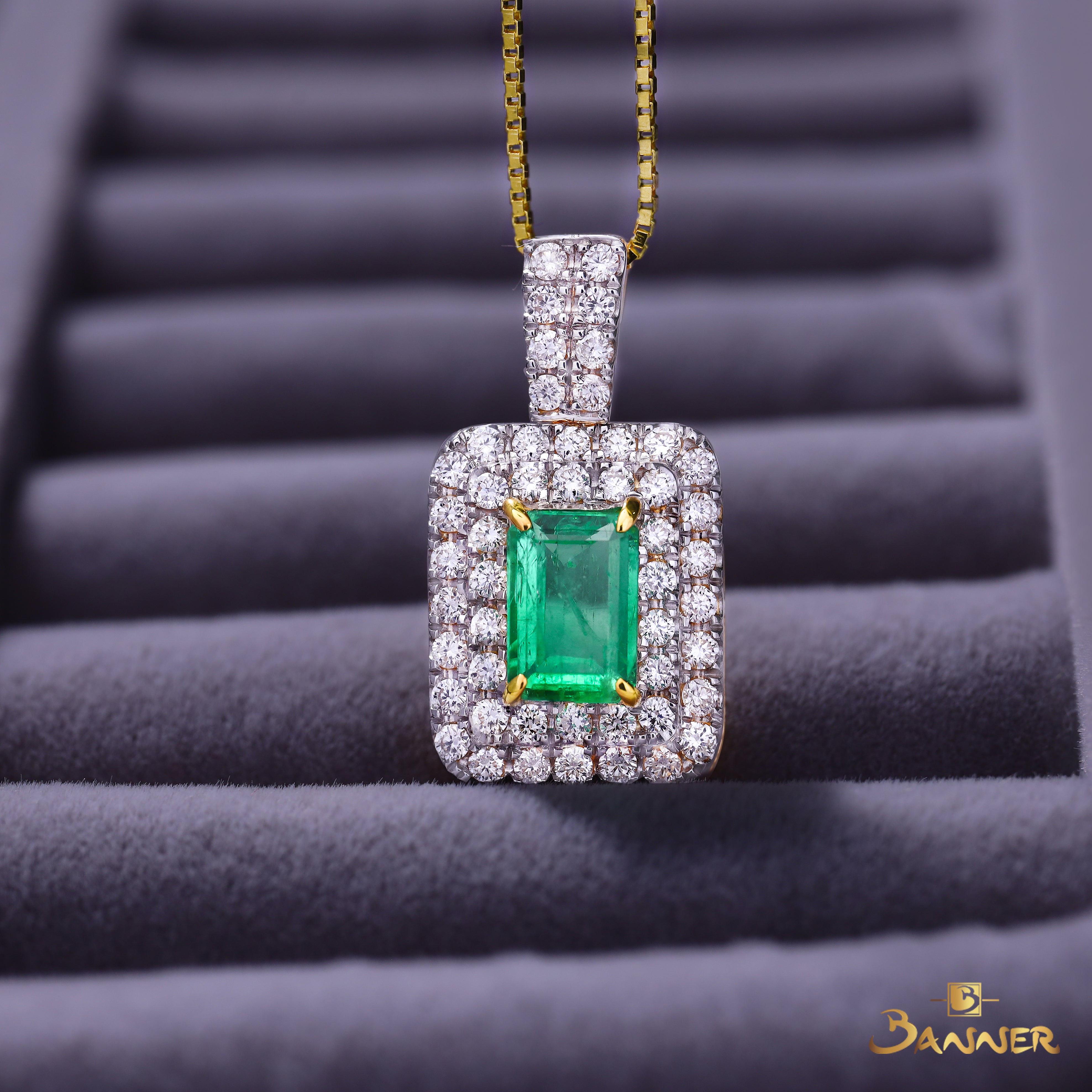 Columbian Emerald and Diamond Double Halo Pendant