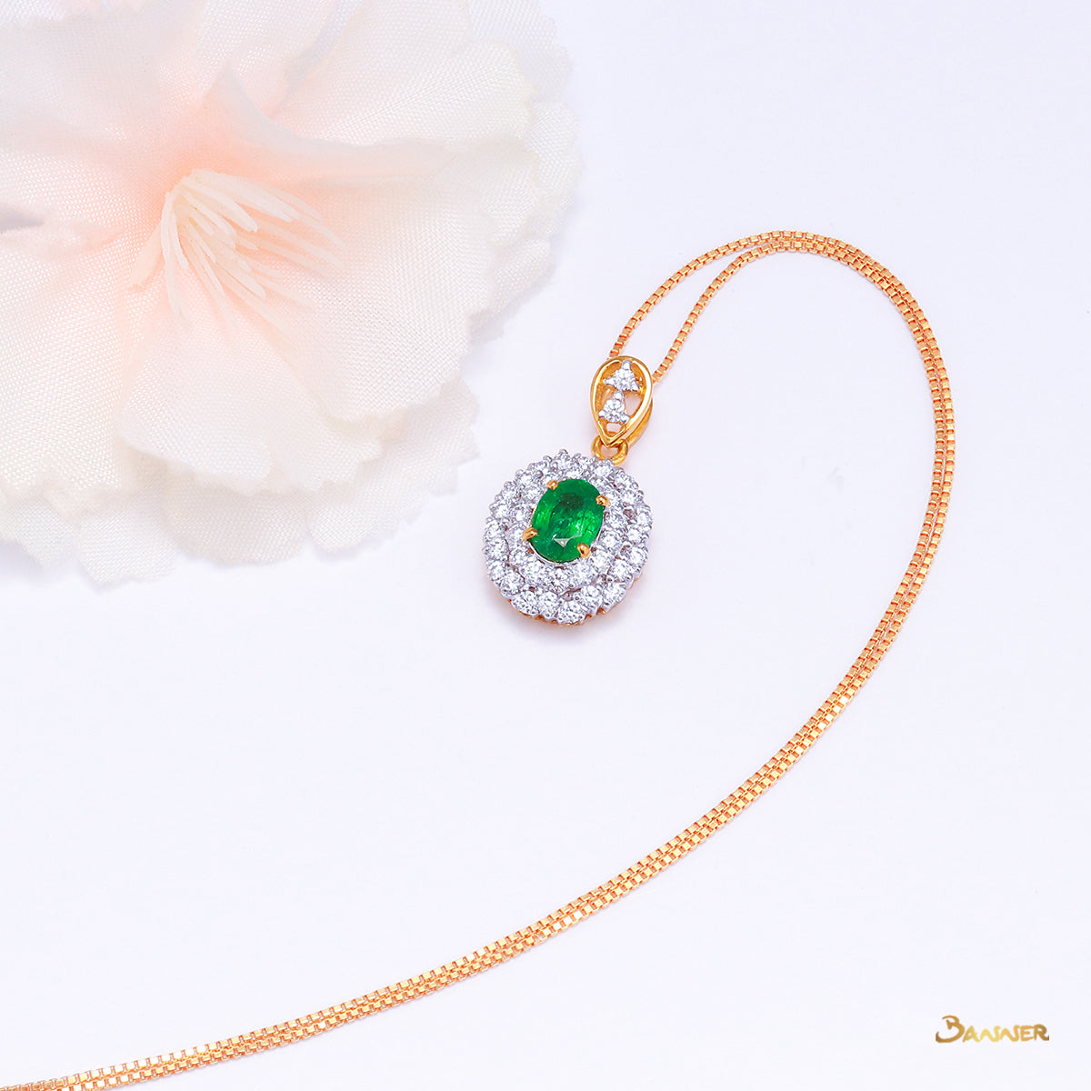 Zambian Emerald and Diamond Halo Pendant