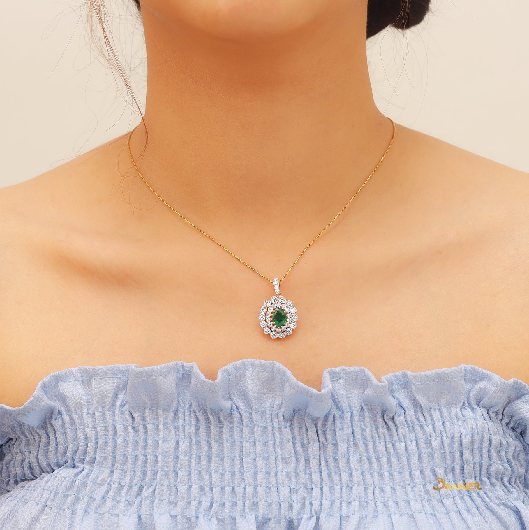 Emerald and Diamond Vintage Design Double Halo Pendant