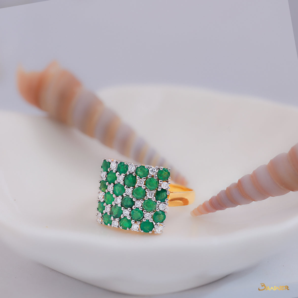 Emerald and Diamond Checkered Ring