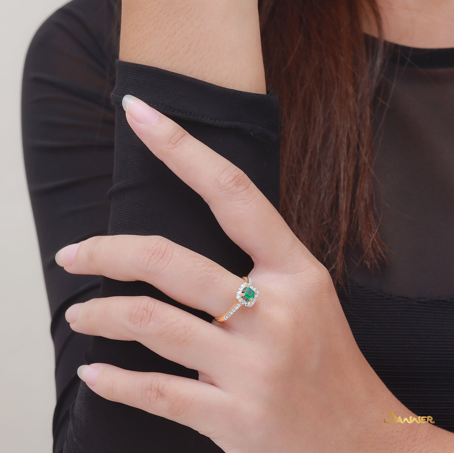 Emerald and Diamond Halo Ring