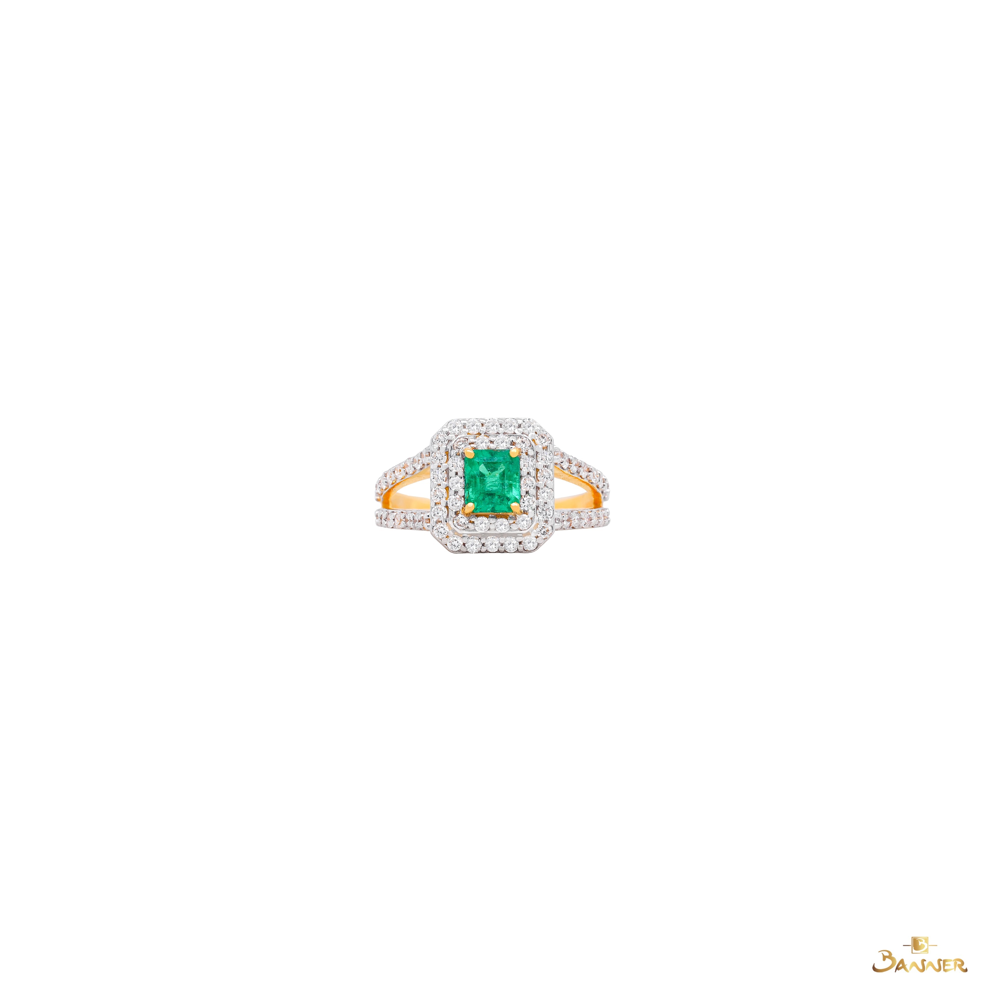 Columbian Emerald and Diamond Double Halo Ring